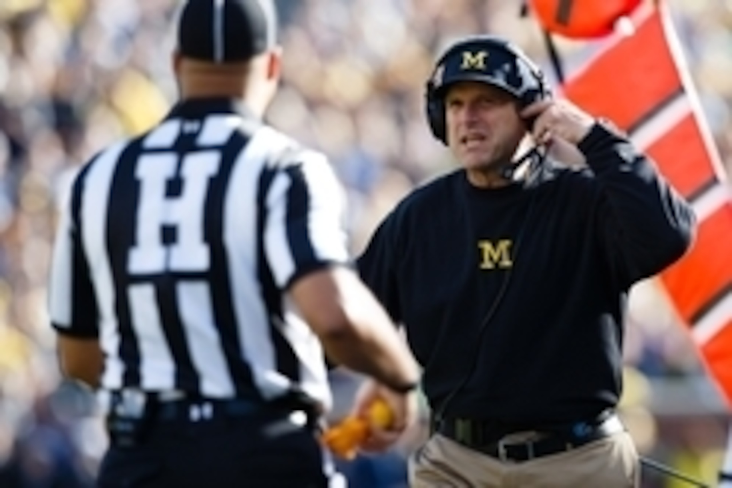 Oct 10, 2015; Ann Arbor, MI, USA; Michigan Wolverines head coach Jim Harbaugh reacts on the sideline in the first quarter against the Northwestern Wildcats at Michigan Stadium. Mandatory Credit: Rick Osentoski-USA TODAY Sports