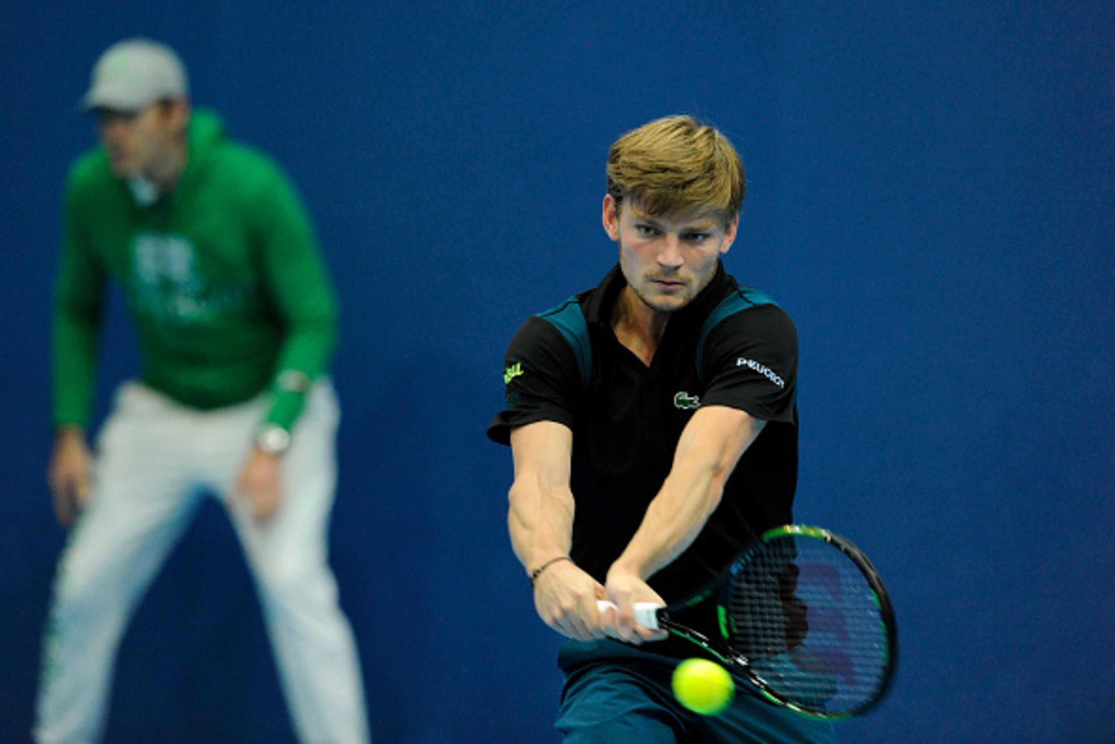 BASEL, SWITZERLAND - OCTOBER 27:  David Goffin of Belgium in action during the second day of the Swiss Indoors ATP 500 tennis tournament against Andreas Seppi of Italy at St Jakobshalle on October 27, 2015 in Basel, Switzerland.  (Photo by Harold Cunningh