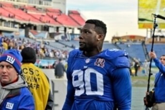 Dec 7, 2014; Nashville, TN, USA; New York Giants defensive end Jason Pierre-Paul (90) leaves the field after his team defeated the Tennessee Titans 36-7 during the second half at LP Field. Mandatory Credit: Jim Brown-USA TODAY Sports