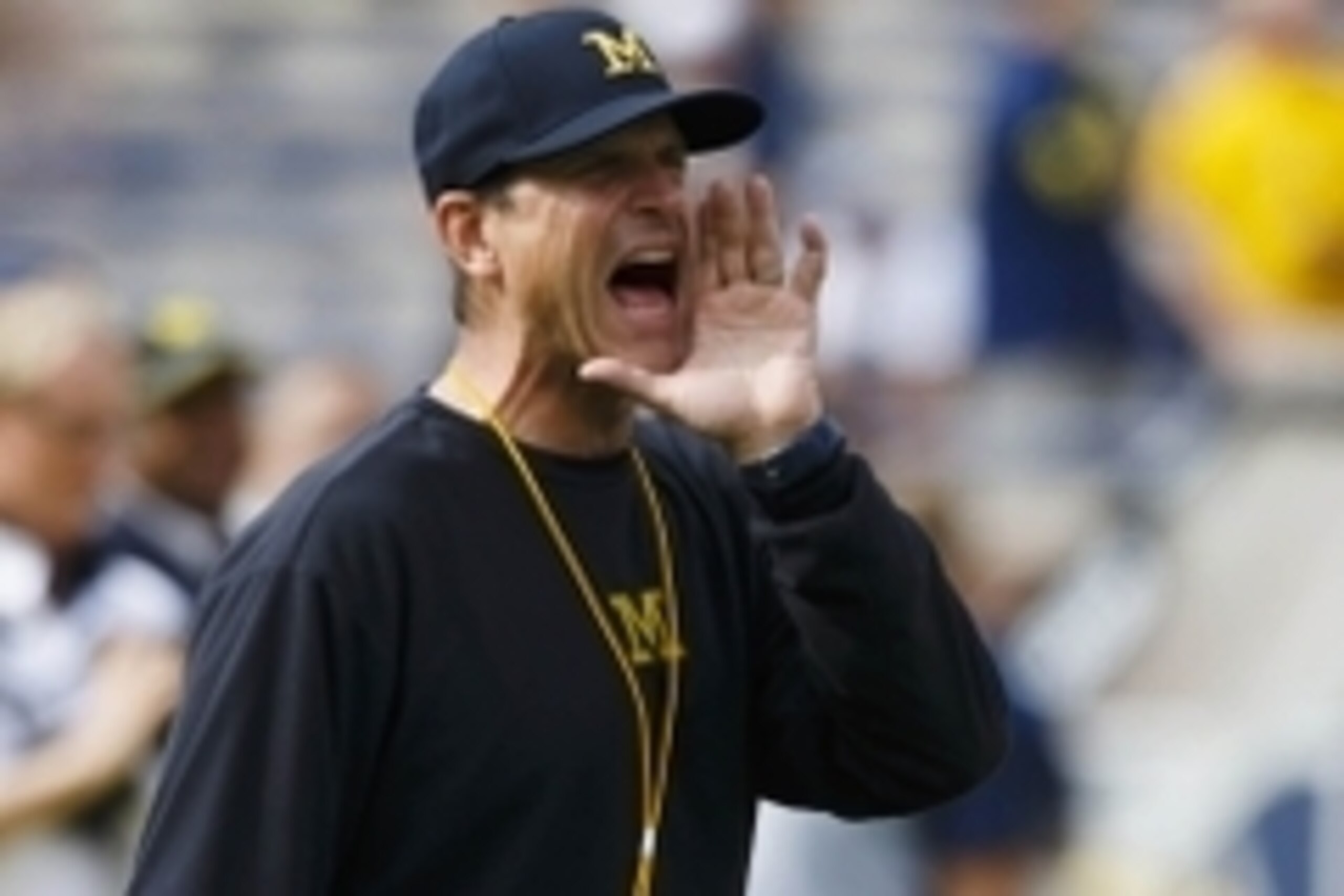 Sep 26, 2015; Ann Arbor, MI, USA; Michigan Wolverines head coach Jim Harbaugh during warm ups prior to the game against the Brigham Young Cougars at Michigan Stadium. Mandatory Credit: Rick Osentoski-USA TODAY Sports
