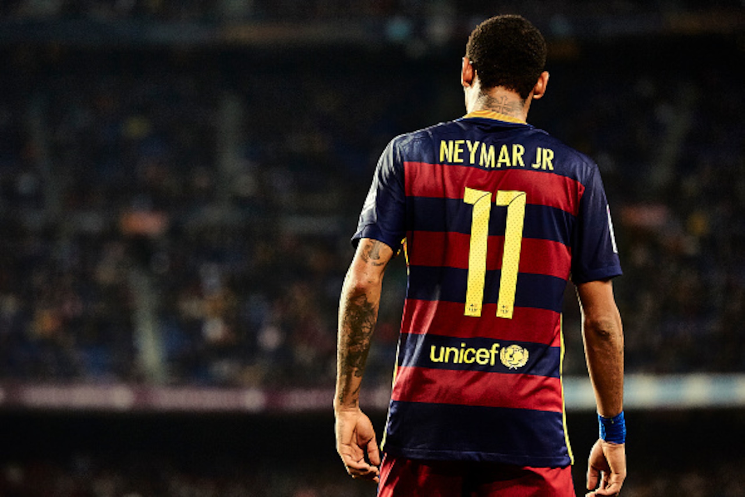 BARCELONA, SPAIN - OCTOBER 25: (EDITORS NOTE: This image has been processed using digitals filters.)  Neymar JR of Barcelona is seen during the La Liga match between FC Barcelona and SD Eibar at Camp Nou Stadium on October 25, 2015 in Barcelona, Spain.  (