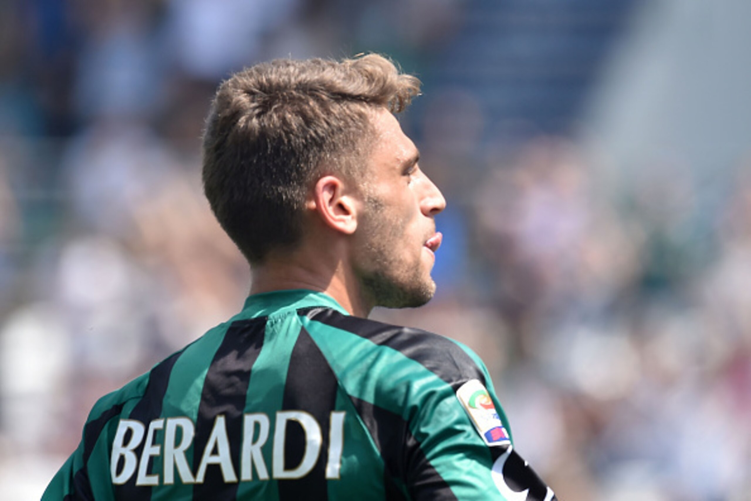 REGGIO NELL'EMILIA, ITALY - MAY 17:  Domenico Berardi of Sassuolo celebrates after scoring the  goal 2-0 during the Serie A match between US Sassuolo Calcio and AC Milan on May 17, 2015 in Reggio nell'Emilia, Italy.  (Photo by Giuseppe Bellini/Getty Image