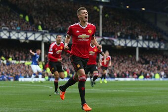 LIVERPOOL, ENGLAND - OCTOBER 17: Morgan Schneiderlin of Manchester United celebrates scoring his team's first goal during the Barclays Premier League match between Everton and Manchester United at Goodison Park on October 17, 2015 in Liverpool, England.  
