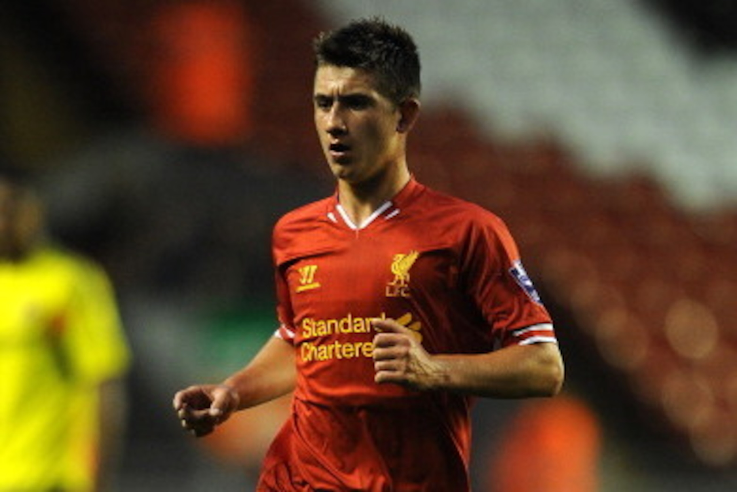LIVERPOOL, ENGLAND - SEPTEMBER 17: Cameron Brannagan of Liverpool U21 in action during the Barclays U21s Premier League match between Liverpool U21 and Sunderland U21 at Anfield on September 17, 2013 in Liverpool, England. (Photo by Chris BrunskillGetty I