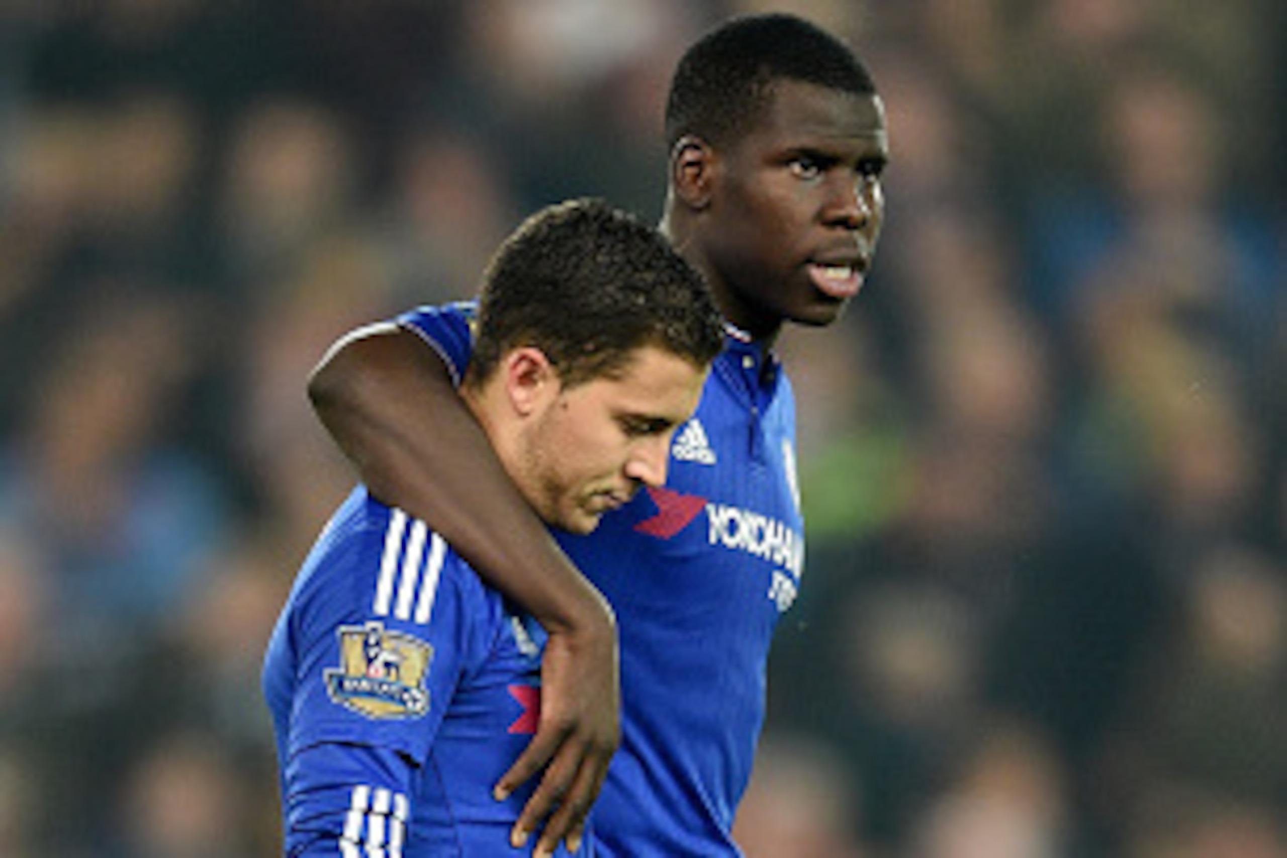 STOKE ON TRENT, ENGLAND - OCTOBER 27:  Eden Hazard of Chelsea with Kurt Zouma of Chelsea after missing the final penalty during the Capital One Cup tie between Stoke City and Chelsea at Britannia Stadium on October 27, 2015 in Stoke on Trent, England.  (P