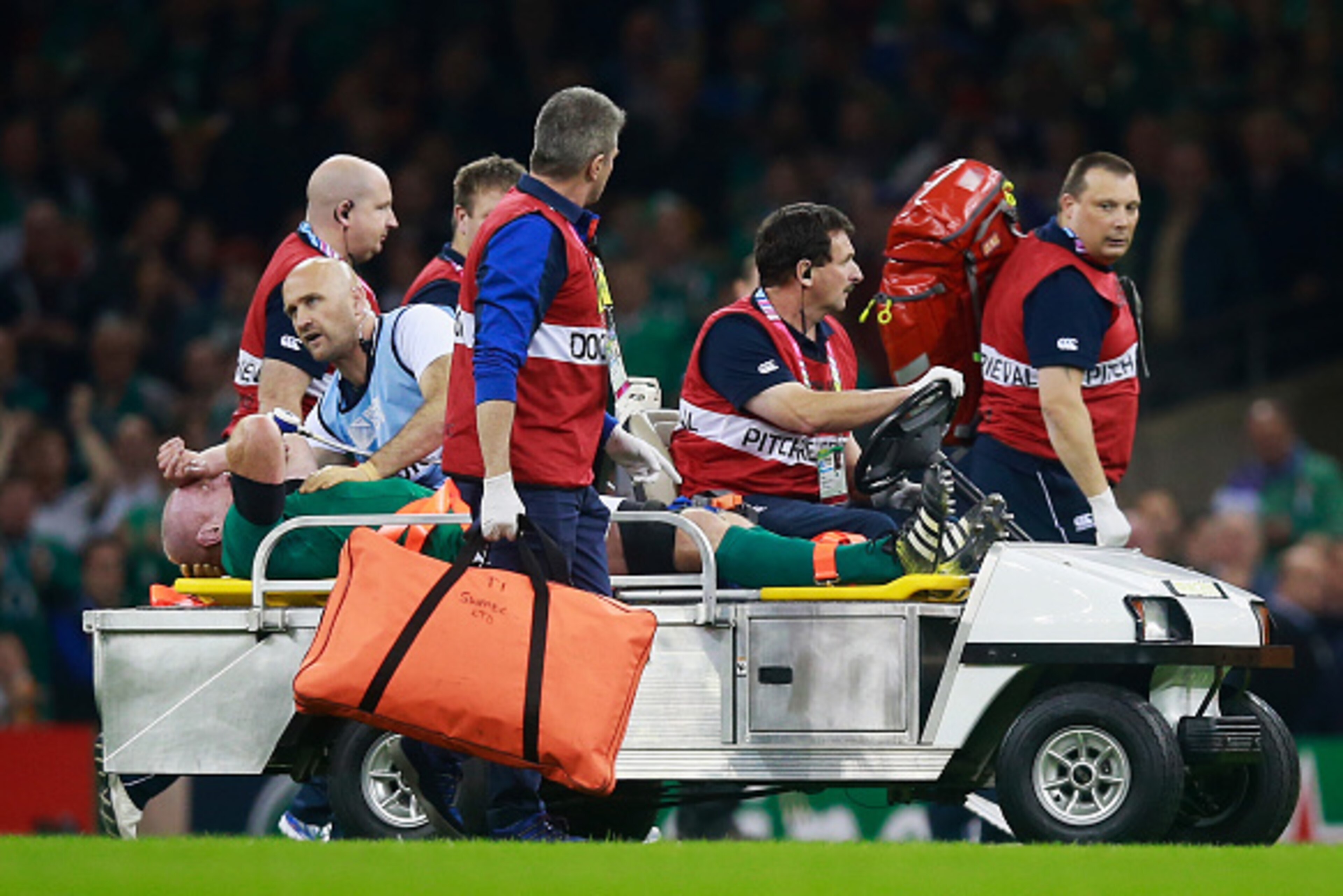 CARDIFF, WALES - OCTOBER 11:  Paul O'Connell of Ireland is stretchered off during the 2015 Rugby World Cup Pool D match between France and Ireland at Millennium Stadium on October 11, 2015 in Cardiff, United Kingdom.  (Photo by Phil Walter/Getty Images)