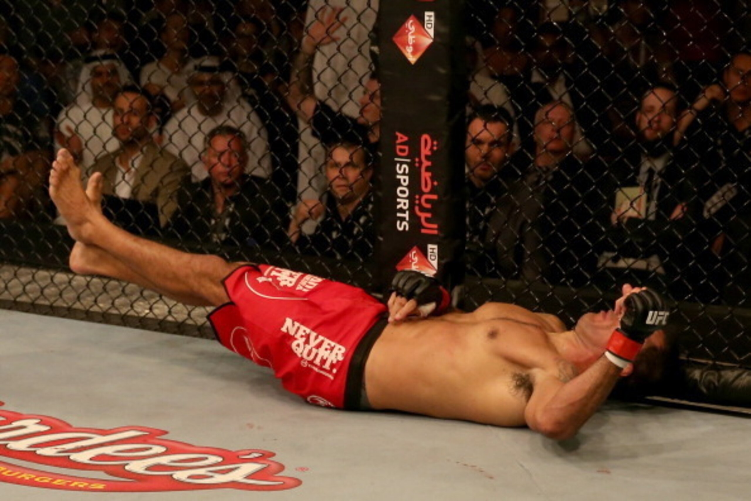 ABU DHABI, UNITED ARAB EMIRATES - APRIL 11:  Antonio Rodrigo Nogueira lays on the mat after being knocked out in the first round by Roy Nelson during their heavyweight bout during UFC Fight Night 39 at du Arena on April 11, 2014 in Abu Dhabi, United Arab 