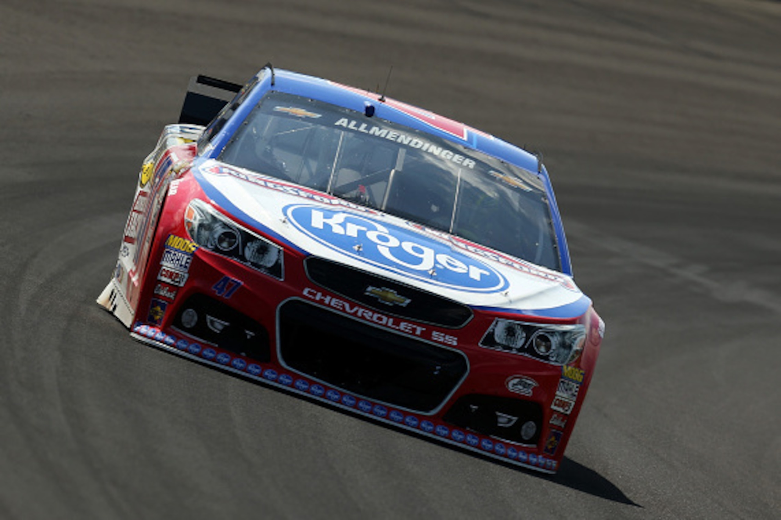 INDIANAPOLIS, IN - JULY 24:  AJ Allmendinger, driver of the #47 Kroger/Kingsford Charcoal Chevrolet, practices for the NASCAR Sprint Cup Series Crown Royal Presents the Jeff Kyle 400 at the Brickyard at Indianapolis Motorspeedway on July 24, 2015 in India