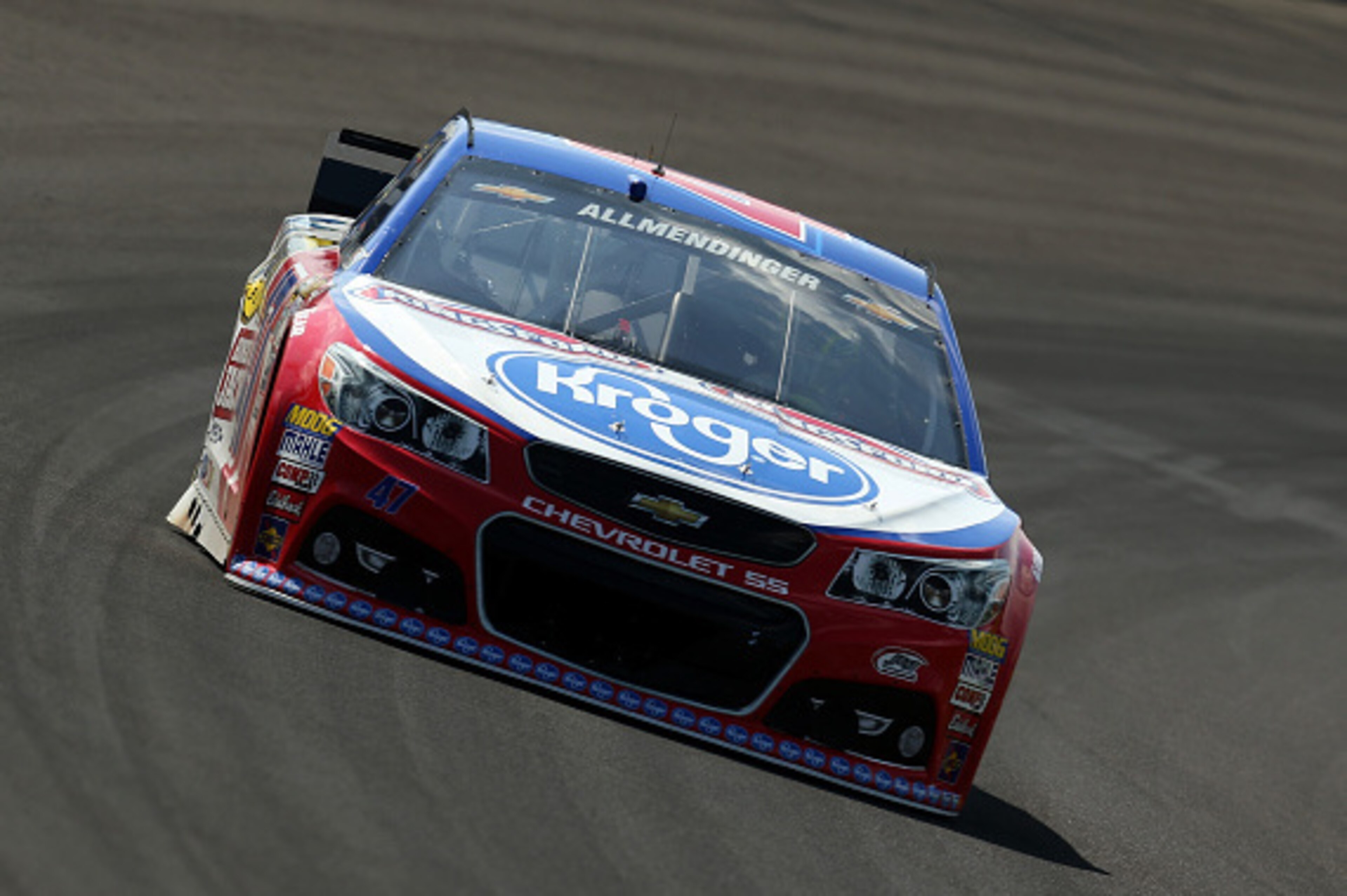 INDIANAPOLIS, IN - JULY 24:  AJ Allmendinger, driver of the #47 Kroger/Kingsford Charcoal Chevrolet, practices for the NASCAR Sprint Cup Series Crown Royal Presents the Jeff Kyle 400 at the Brickyard at Indianapolis Motorspeedway on July 24, 2015 in India