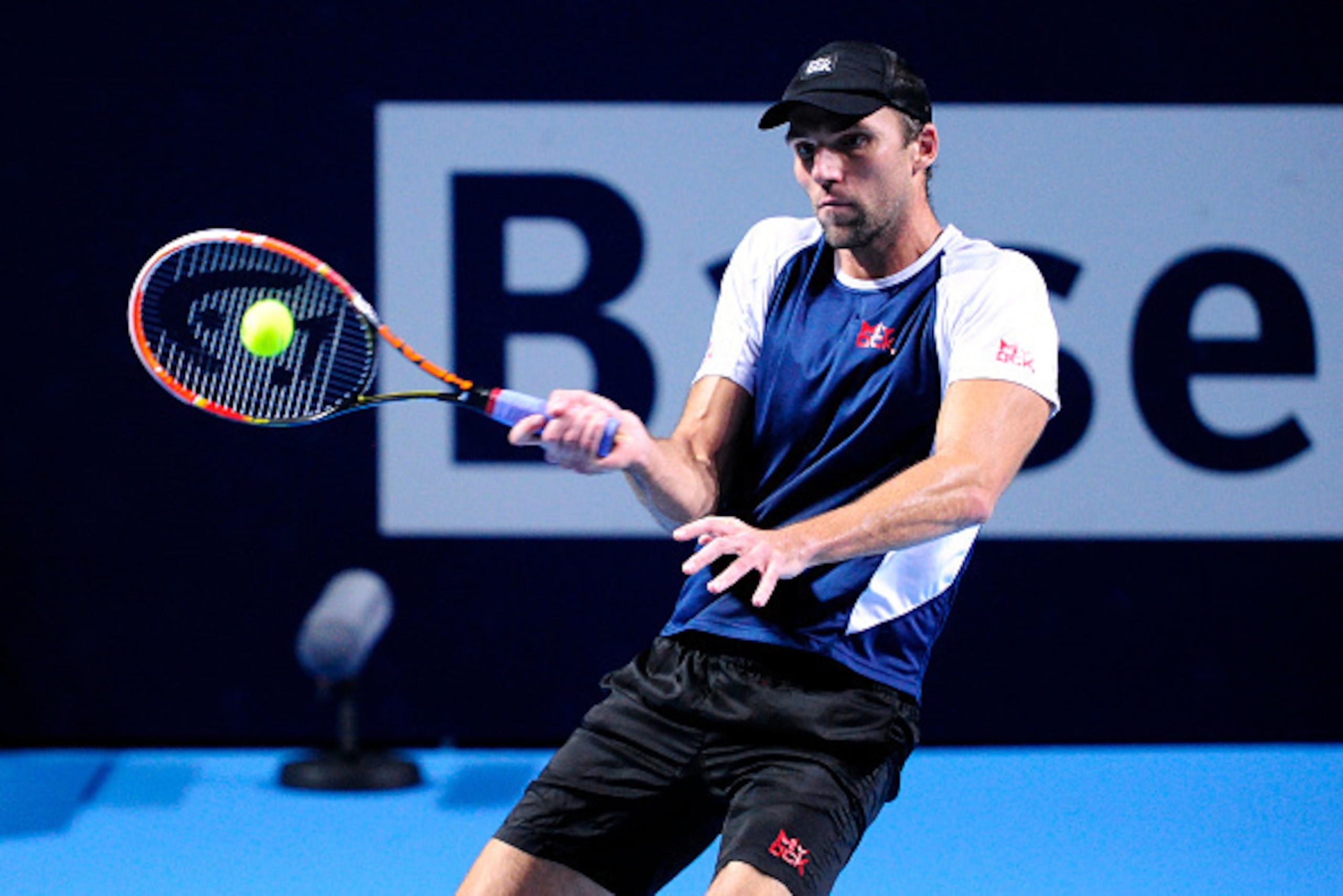 BASEL, SWITZERLAND - OCTOBER 28:  Ivo Karlovic of Croatia in action during the second day of the Swiss Indoors ATP 500 tennis tournament against Stan Wawrinka of Switzerland at St Jakobshalle on October 28, 2015 in Basel, Switzerland.  (Photo by Harold Cu