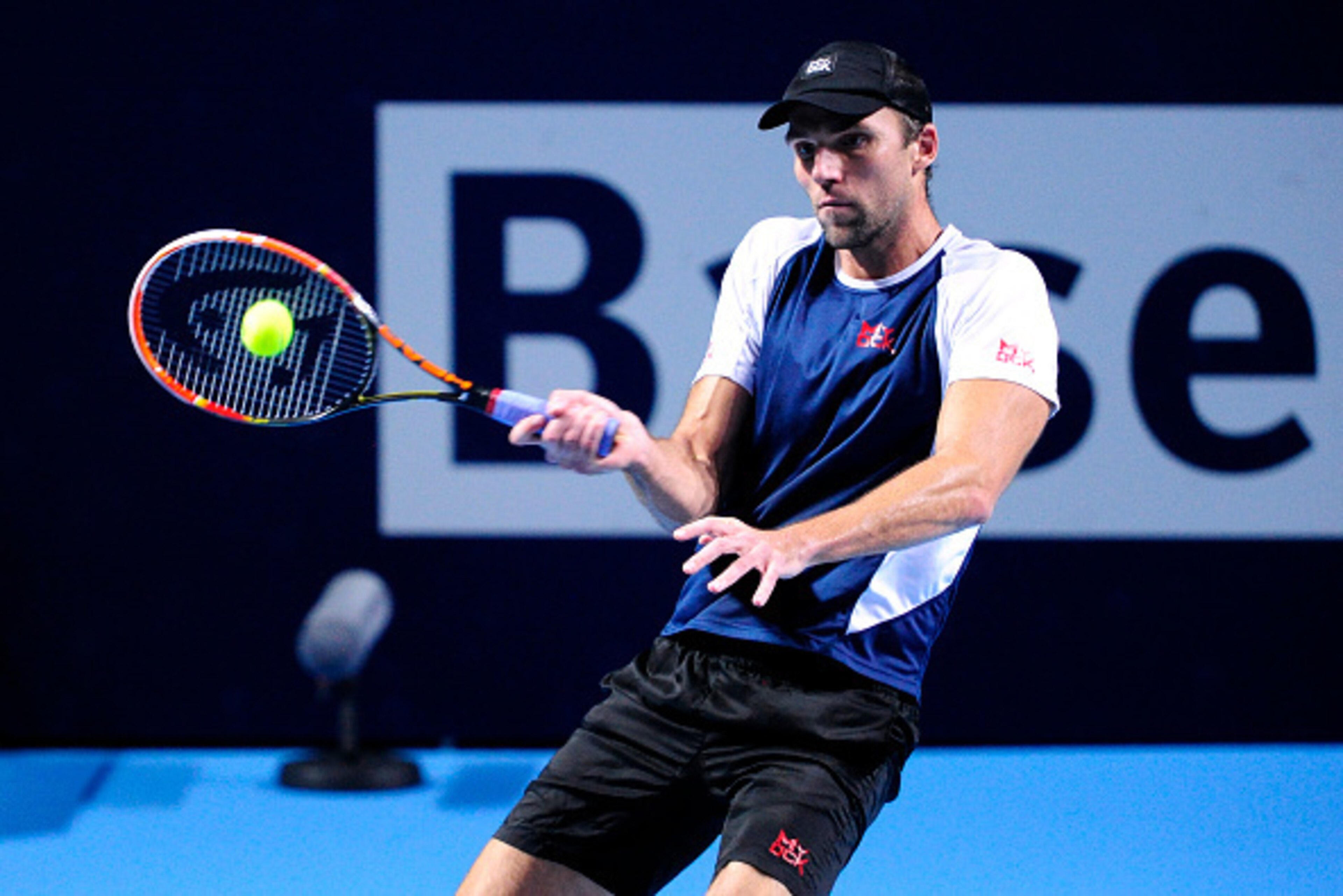 BASEL, SWITZERLAND - OCTOBER 28: Ivo Karlovic of Croatia in action during the second day of the Swiss Indoors ATP 500 tennis tournament against Stan Wawrinka of Switzerland at St Jakobshalle on October 28, 2015 in Basel, Switzerland. (Photo by Harold Cu BASEL, SWITZERLAND - OCTOBER 28: Ivo Karlovic of Croatia in action during the second day of the Swiss Indoors ATP 500 tennis tournament against Stan Wawrinka of Switzerland at St Jakobshalle on October 28, 2015 in Basel, Switzerland. (Photo by Harold Cu