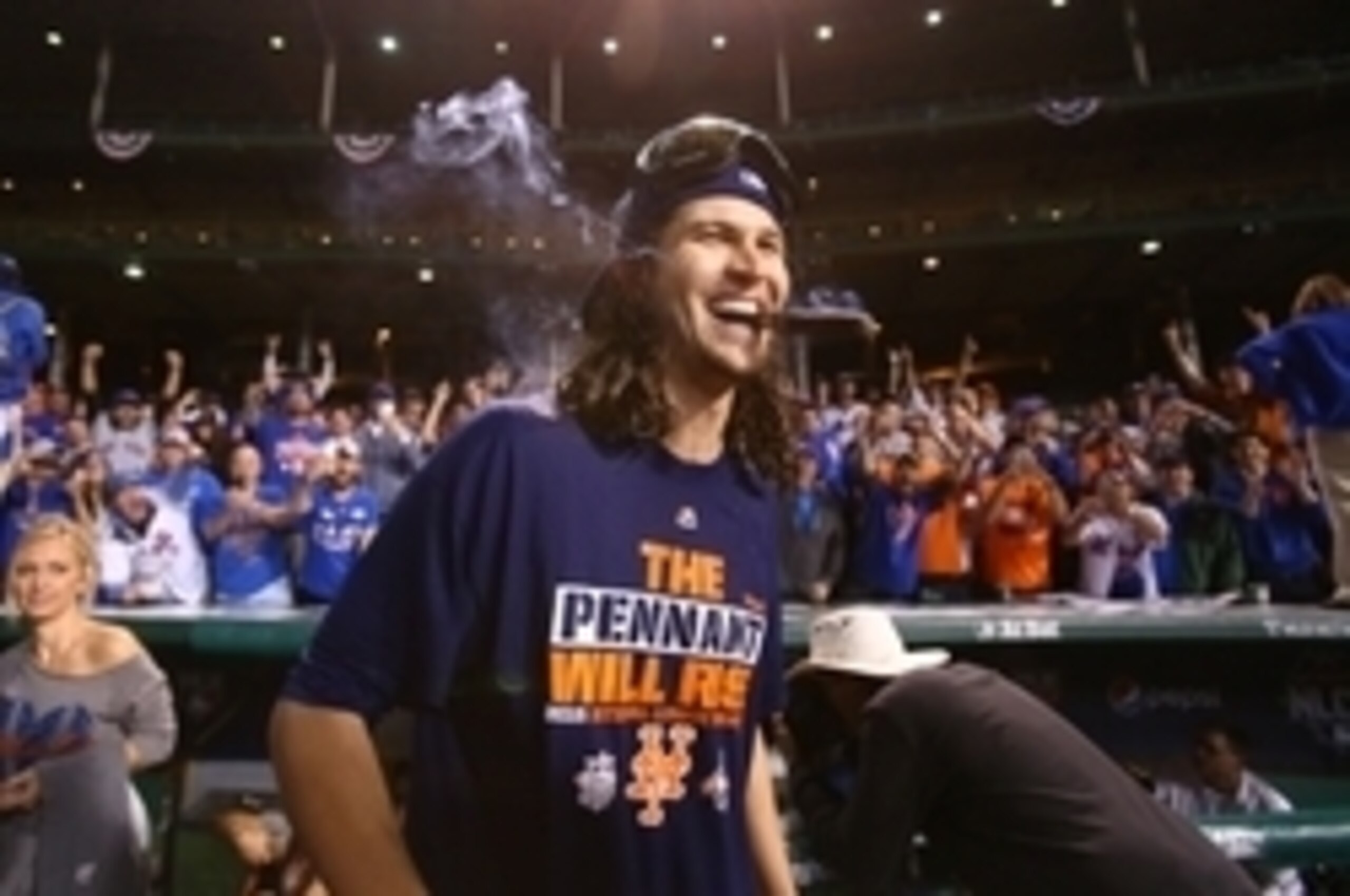 Oct 21, 2015; Chicago, IL, USA; New York Mets starting pitcher Jacob deGrom (48) celebrates after defeating the Chicago Cubs in game four of the NLCS at Wrigley Field. Mandatory Credit: Caylor Arnold-USA TODAY Sports