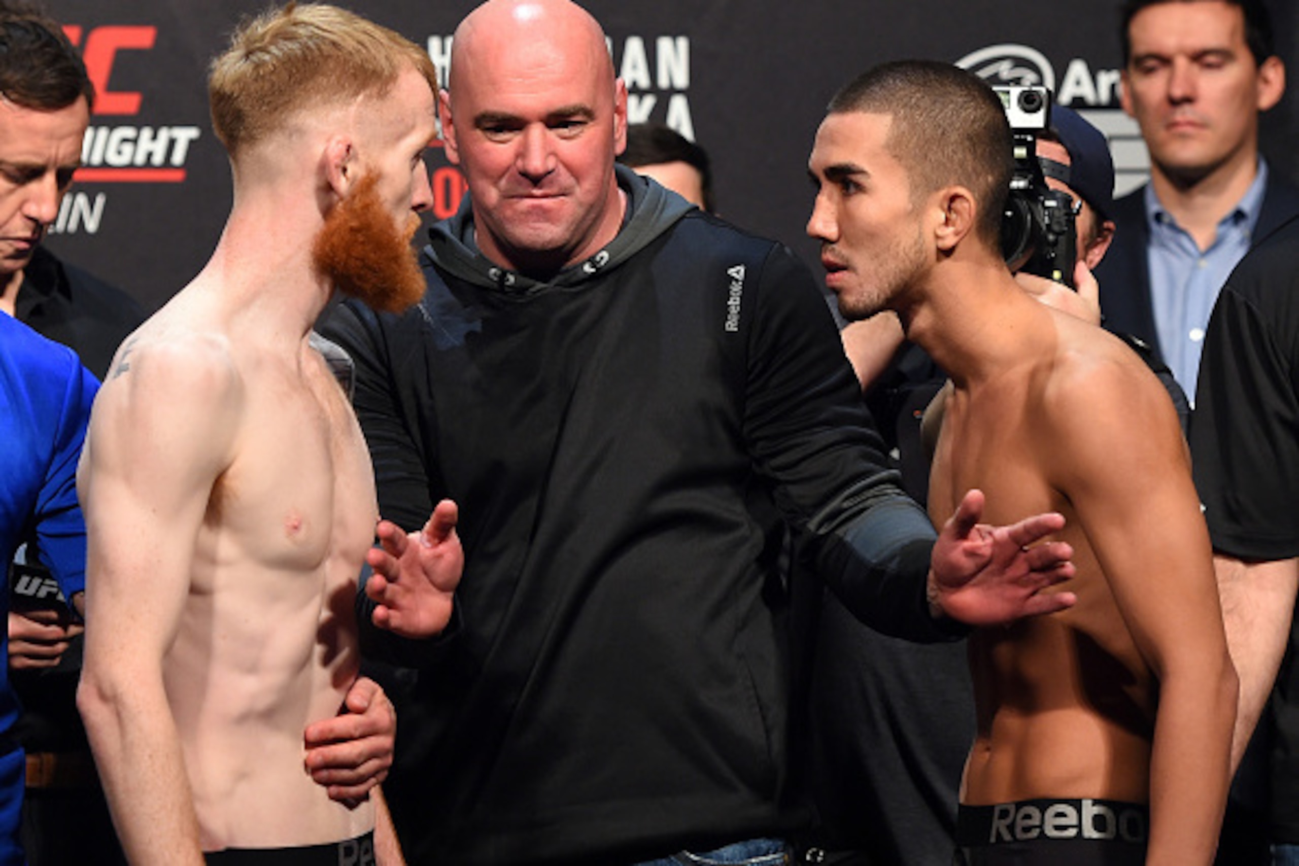 DUBLIN, IRELAND - OCTOBER 23:  (L-R) Opponents Paddy Holohan of Ireland and Louis Smolka of the United States face off during the UFC weigh-in at 3Arena on October 23, 2015 in Dublin, Ireland. (Photo by Josh Hedges/Zuffa LLC/Zuffa LLC via Getty Images)