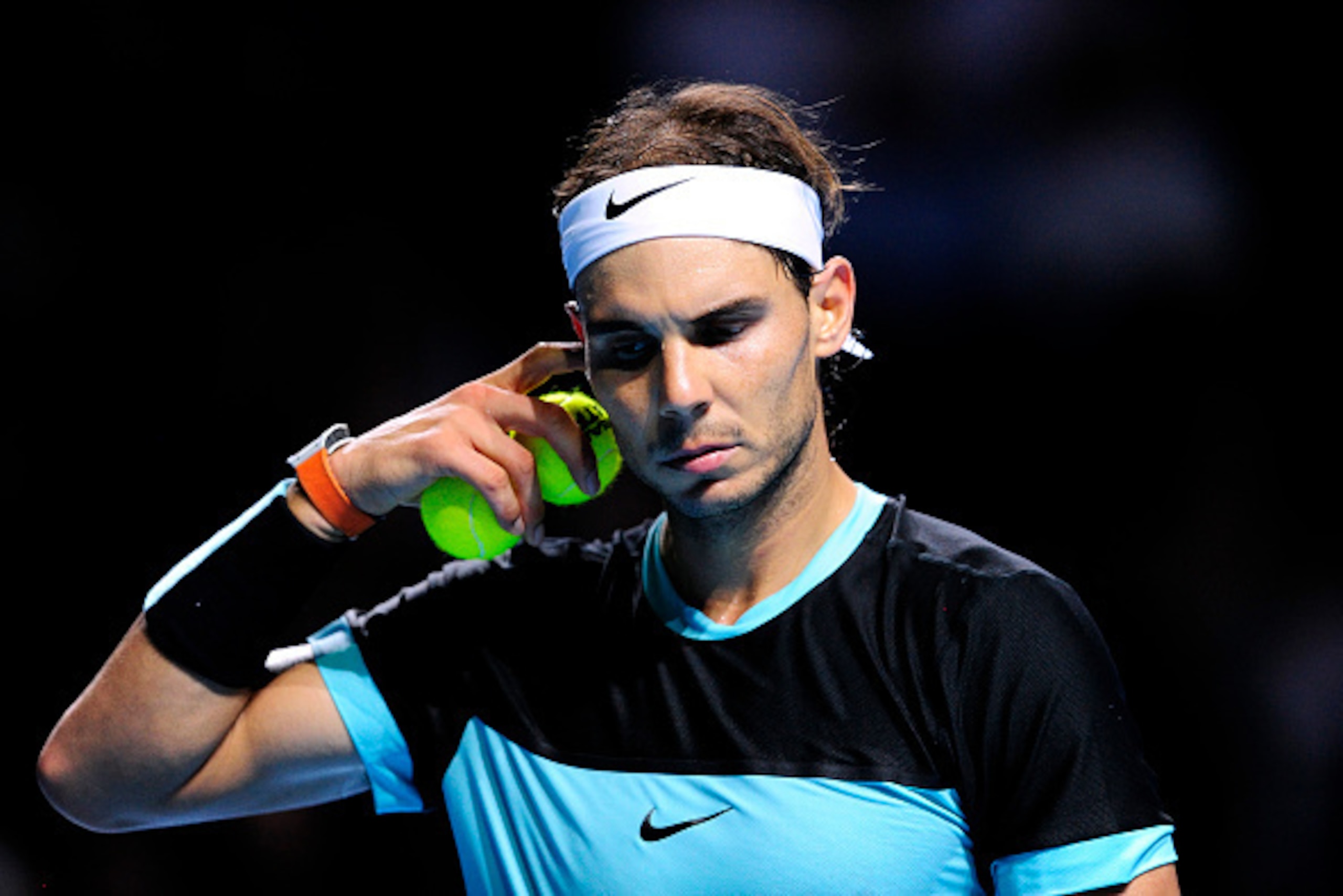 BASEL, SWITZERLAND - OCTOBER 28:  Rafael Nadal of Spain looks dejected after missing a point during the second day of the Swiss Indoors ATP 500 tennis tournament against Grigor Dimitrov of Bulgaria at St Jakobshalle on October 28, 2015 in Basel, Switzerla