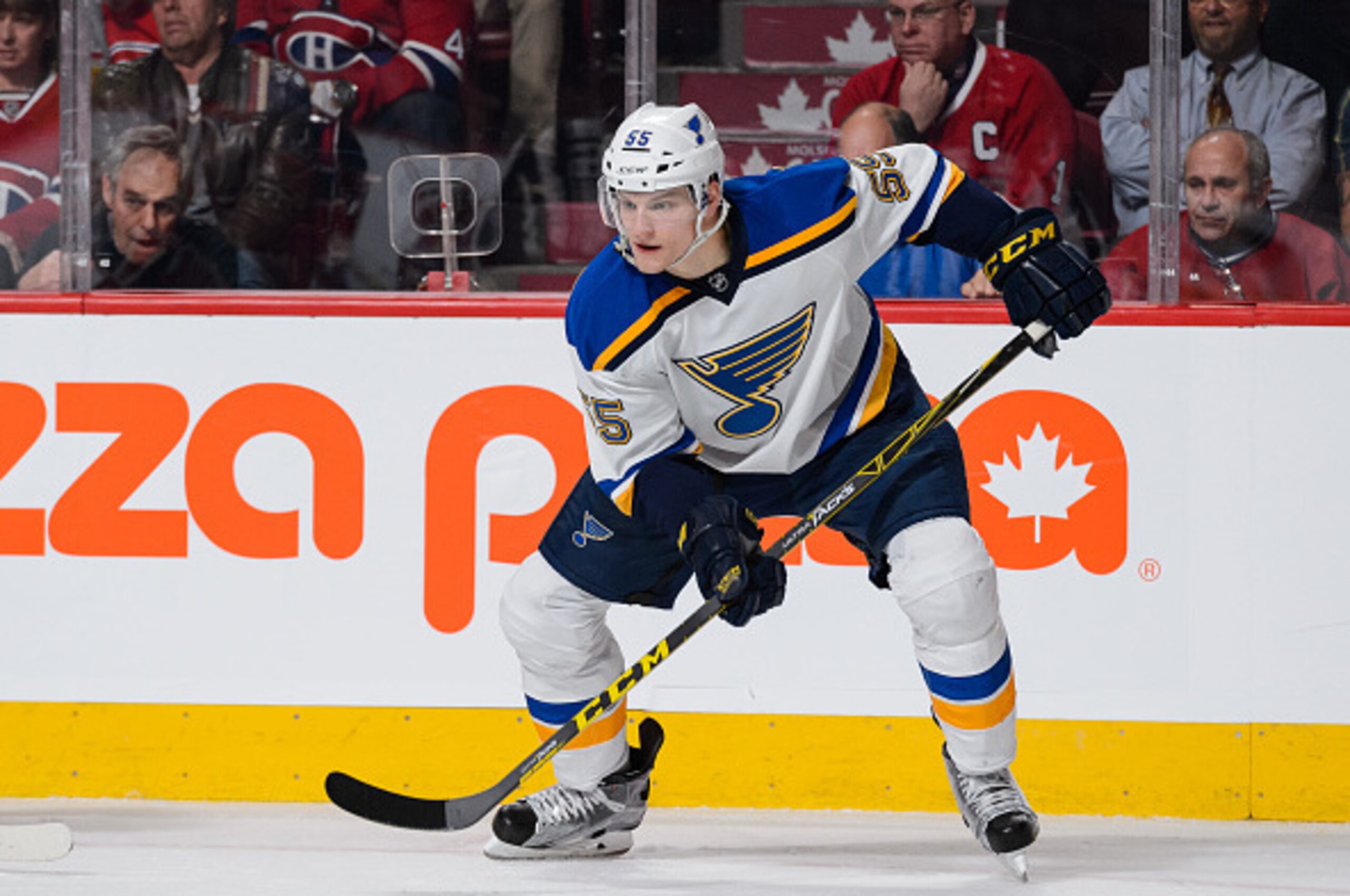 MONTREAL, QC - OCTOBER 20:  Colton Parayko #55 of the St. Louis Blues skates during the NHL game against the Montreal Canadiens at the Bell Centre on October 20, 2015 in Montreal, Quebec, Canada.  The Montreal Canadiens defeated the St. Louis Blues 3-0.  