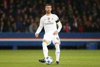 PARIS, FRANCE - OCTOBER 21: Sergio Ramos of Real Madrid in action during the UEFA Champions League match between Paris Saint-Germain (PSG) and Real Madrid at Parc des Princes stadium on October 21, 2015 in Paris, France. (Photo by Jean Catuffe/Getty Image