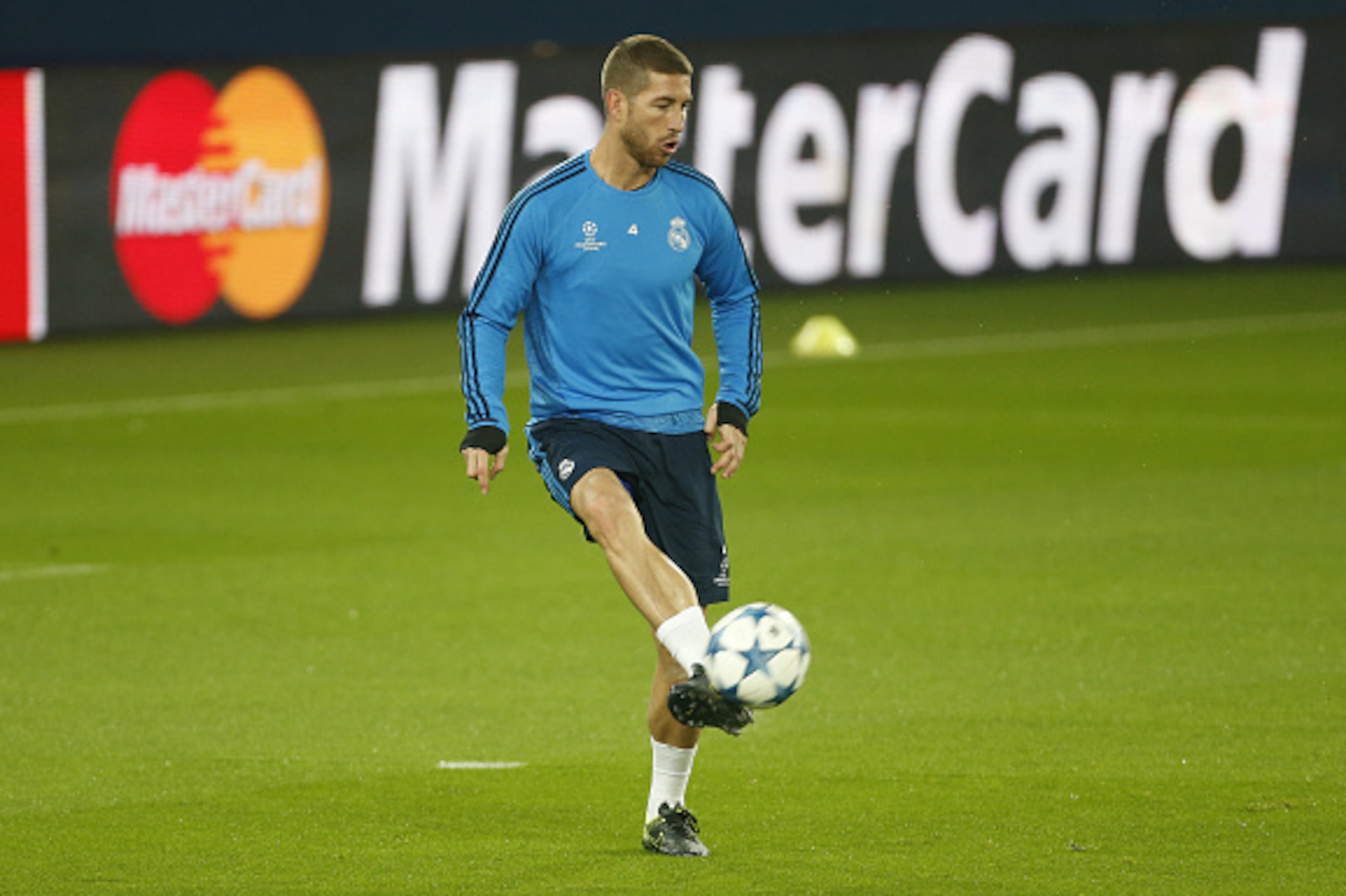 PARIS, FRANCE - OCTOBER 20: Sergio Ramos of Real Madrid in action during the practice session on the eve of the UEFA Champions League match between Paris Saint-Germain (PSG) and Real Madrid at Parc des Princes stadium on October 20, 2015 in Paris, France. PARIS, FRANCE - OCTOBER 20: Sergio Ramos of Real Madrid in action during the practice session on the eve of the UEFA Champions League match between Paris Saint-Germain (PSG) and Real Madrid at Parc des Princes stadium on October 20, 2015 in Paris, France.