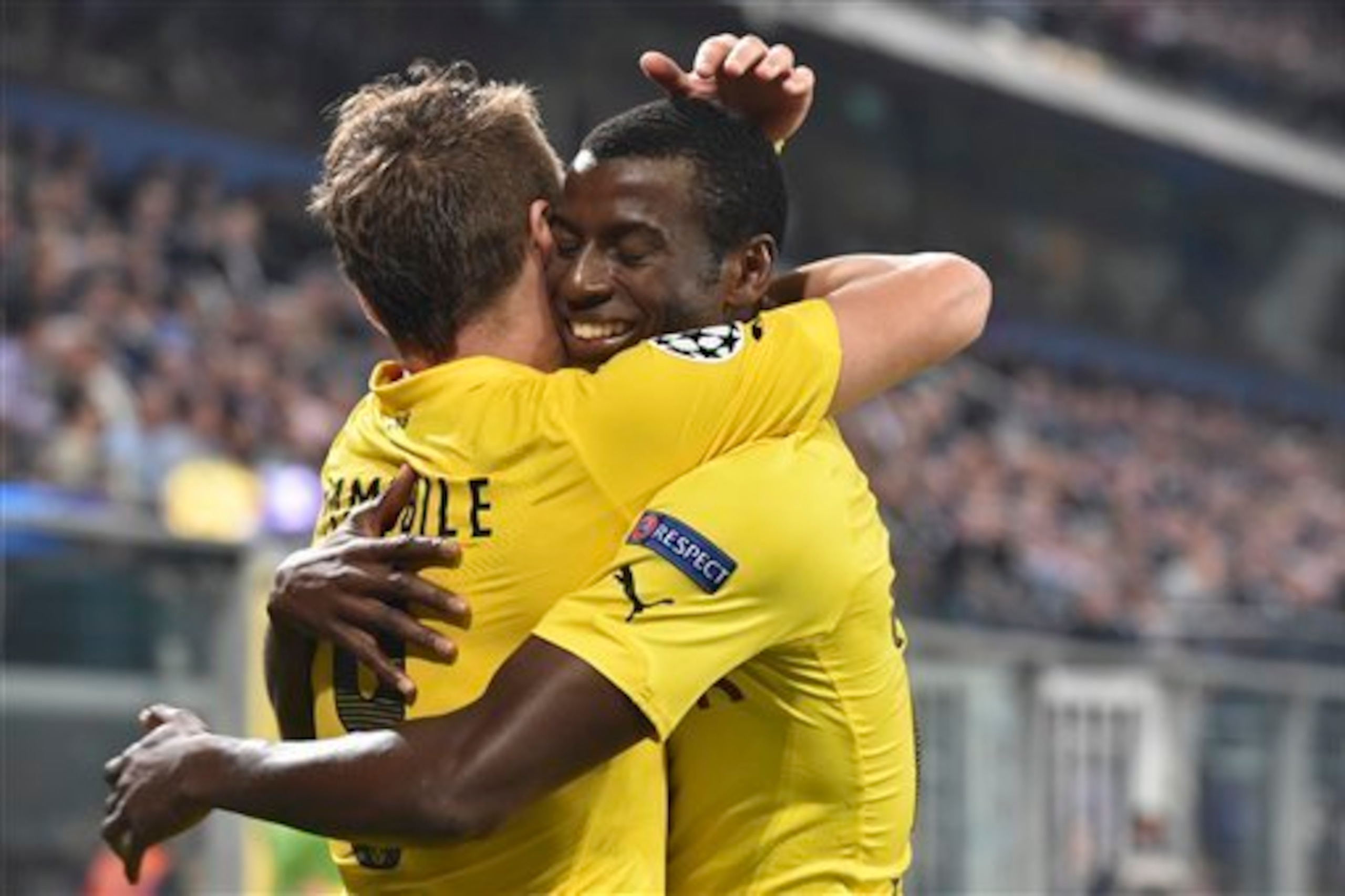 A rare happy moment for Dortmund's ill-fated duo of 2014 summer signings.