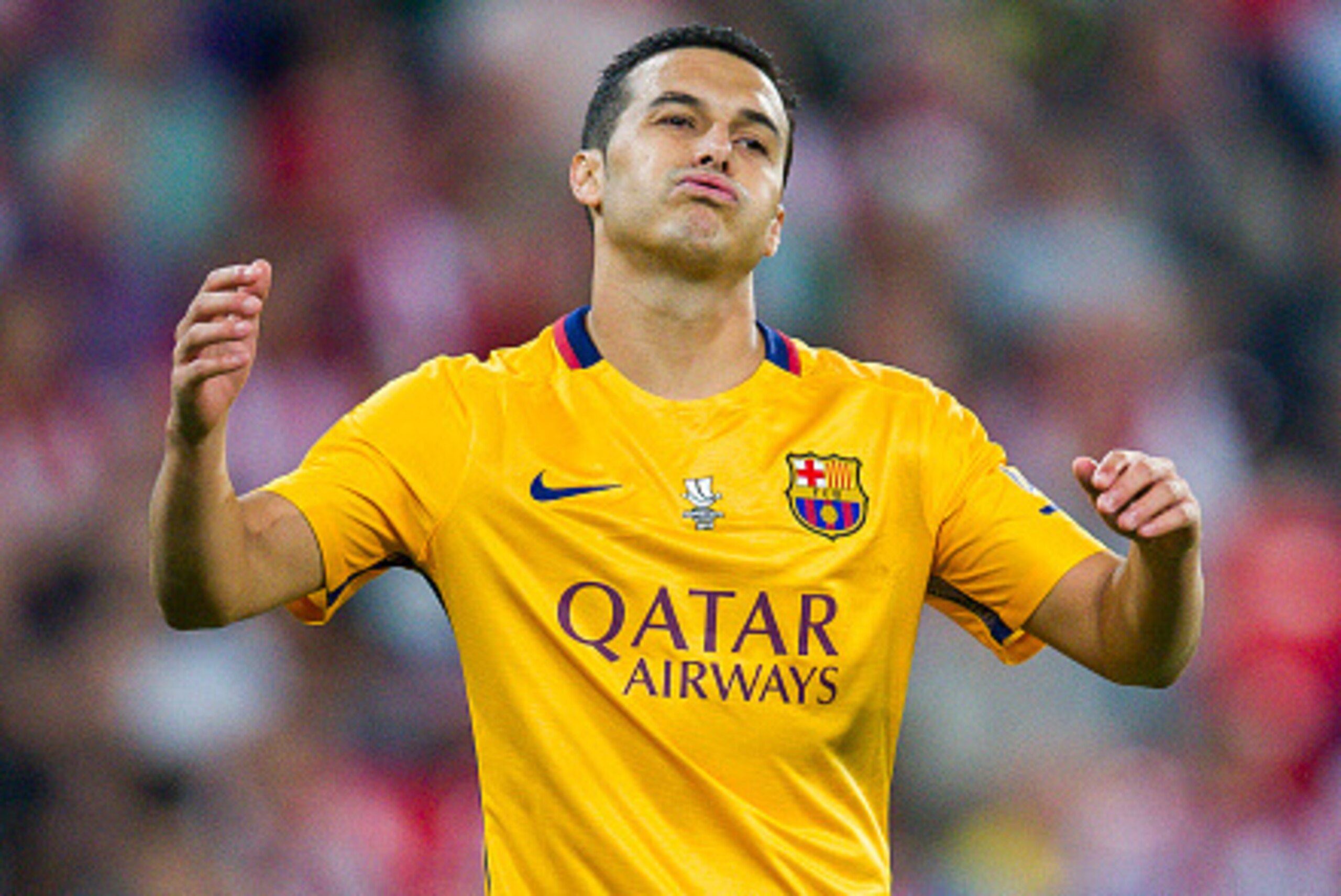 BILBAO, SPAIN - AUGUST 14:  Pedro Rodriguez of FC Barcelona reacts during the Super Cup first leg match between of Athletic Club and FC Barcelona at San Mames Stadium on August 14, 2015 in Bilbao, Spain.  (Photo by Juan Manuel Serrano Arce/Getty Images)