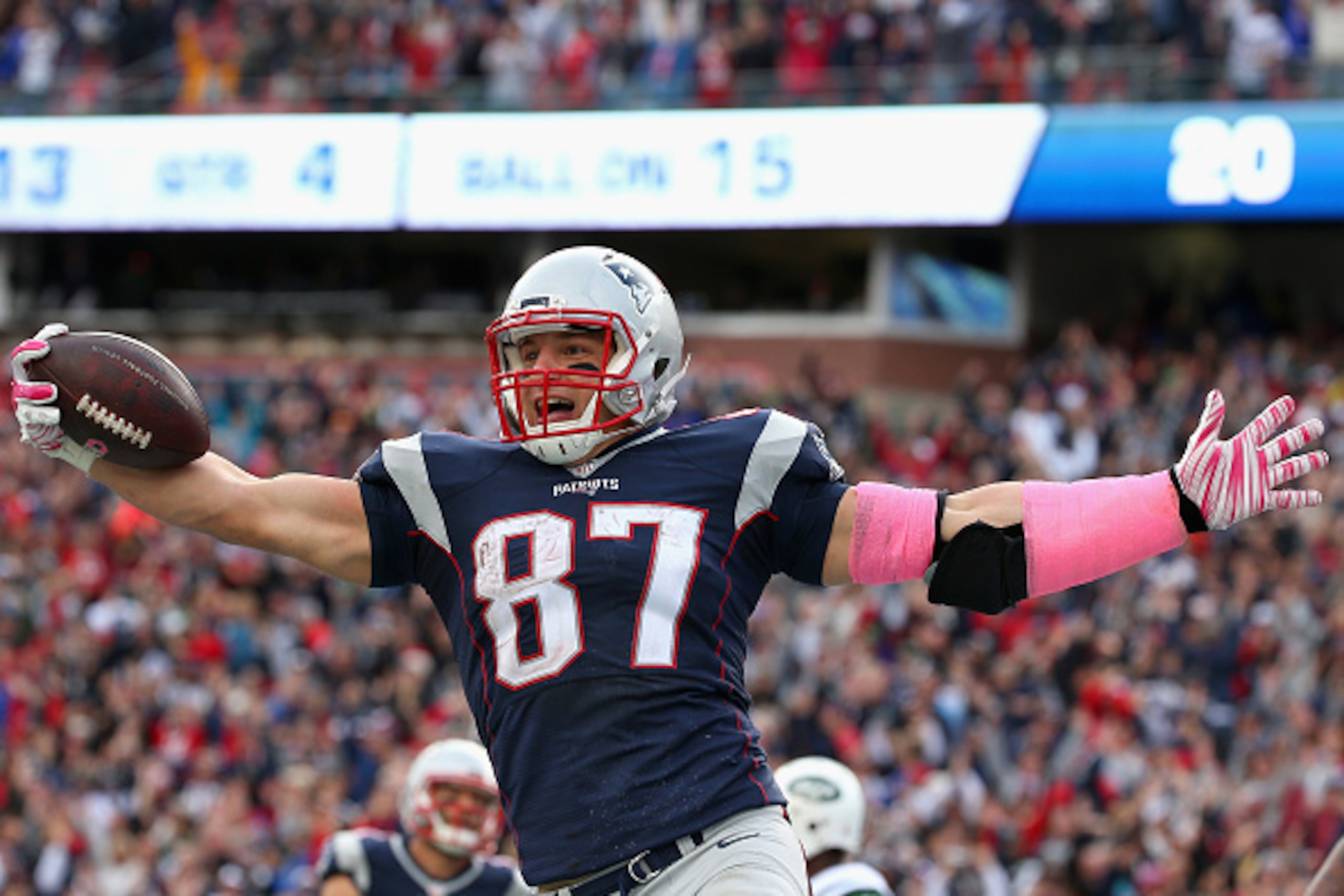 FOXBORO, MA - OCTOBER 25:  Rob Gronkowski #87 of the New England Patriots reacts after scoring a touchdown during the fourth quarter against the New York Jets at Gillette Stadium on October 25, 2015 in Foxboro, Massachusetts.  (Photo by Jim Rogash/Getty I