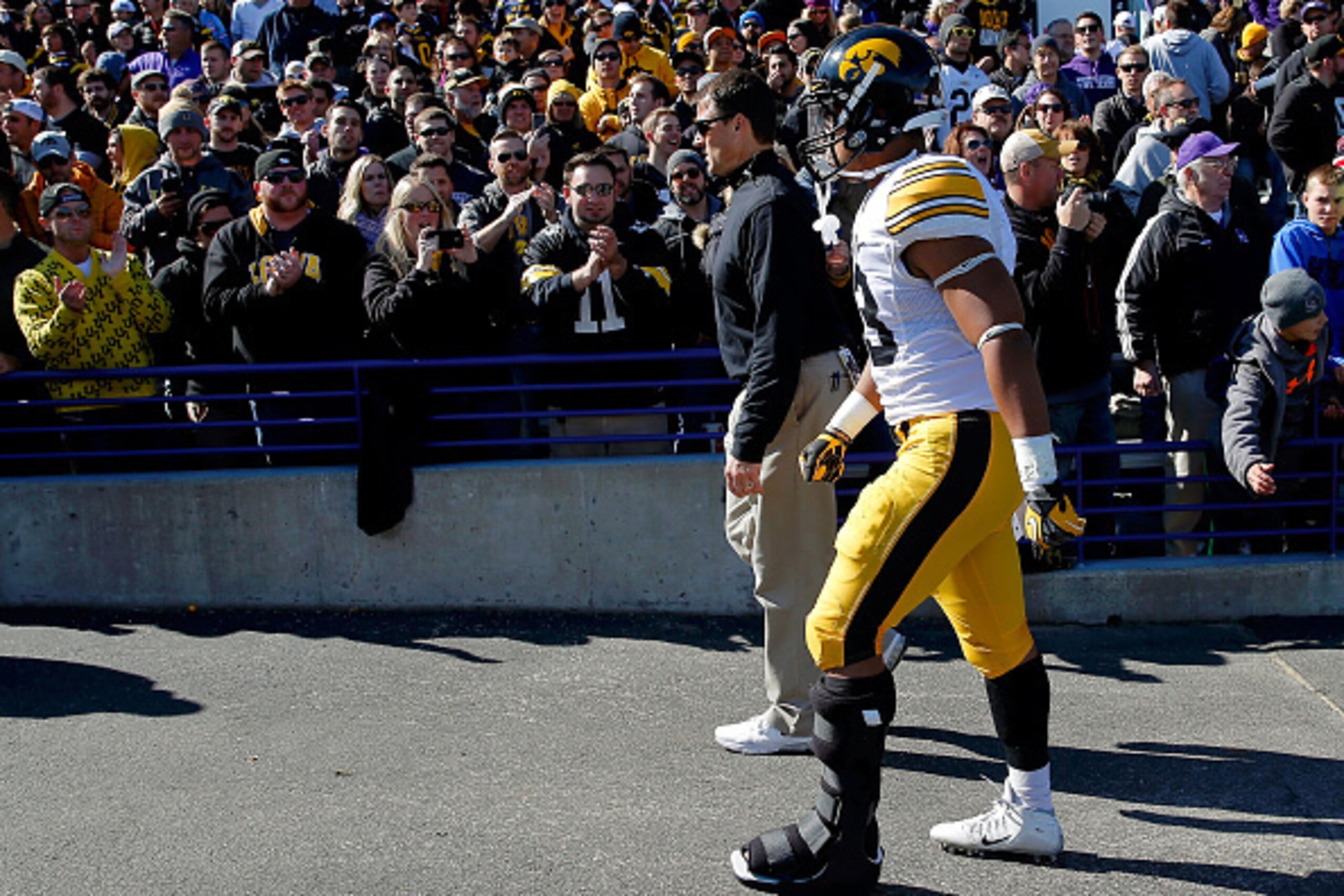 EVANSTON, IL - OCTOBER 17:  Jordan Canzeri #33 of the Iowa Hawkeyes walks off the field for halftime after being injured earlier in the game against the Northwestern Wildcats at Ryan Field on October 17, 2015 in Evanston, Illinois.  (Photo by Jon Durr/Get