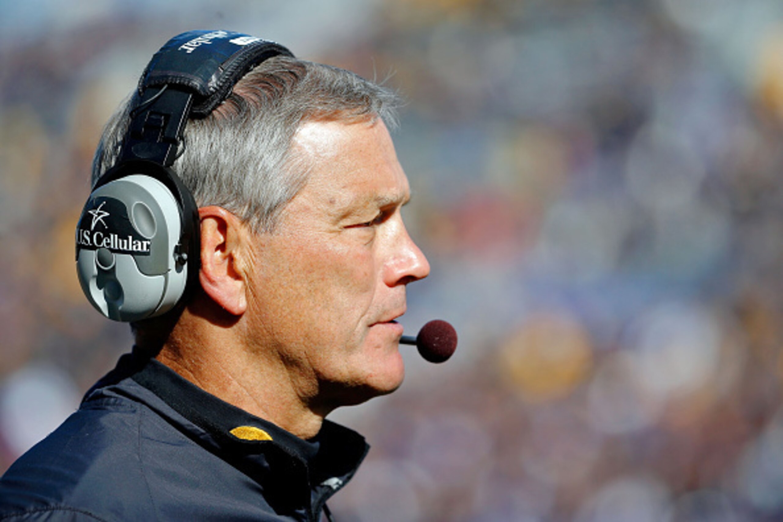 EVANSTON, IL - OCTOBER 17: Head coach Kirk Ferentz of the Iowa Hawkeyes  on the sidelines during the fourth quarter in the game against the Northwestern Wildcats at Ryan Field on October 17, 2015 in Evanston, Illinois. The Iowa Hawkeyes won 40-10.  (Photo