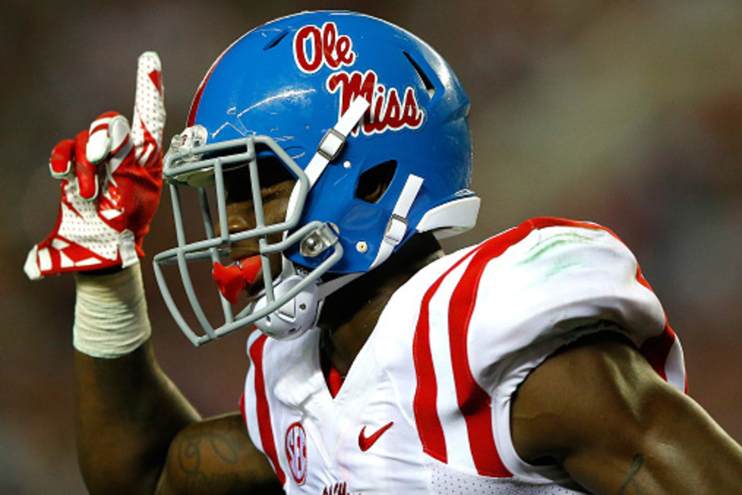 TUSCALOOSA, AL - SEPTEMBER 19:  Laquon Treadwell #1 of the Mississippi Rebels reacts after catching a touchdown pass against the Alabama Crimson Tide at Bryant-Denny Stadium on September 19, 2015 in Tuscaloosa, Alabama.  (Photo by Kevin C. Cox/Getty Image