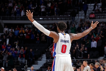 AUBURN HILLS, MI - OCTOBER 28:  Andre Drummond #0 of the Detroit Pistons celebrates during the game against the Utah Jazz on October 28, 2015 at The Palace of Auburn Hills in Auburn Hills, Michigan. NOTE TO USER: User expressly acknowledges and agrees tha