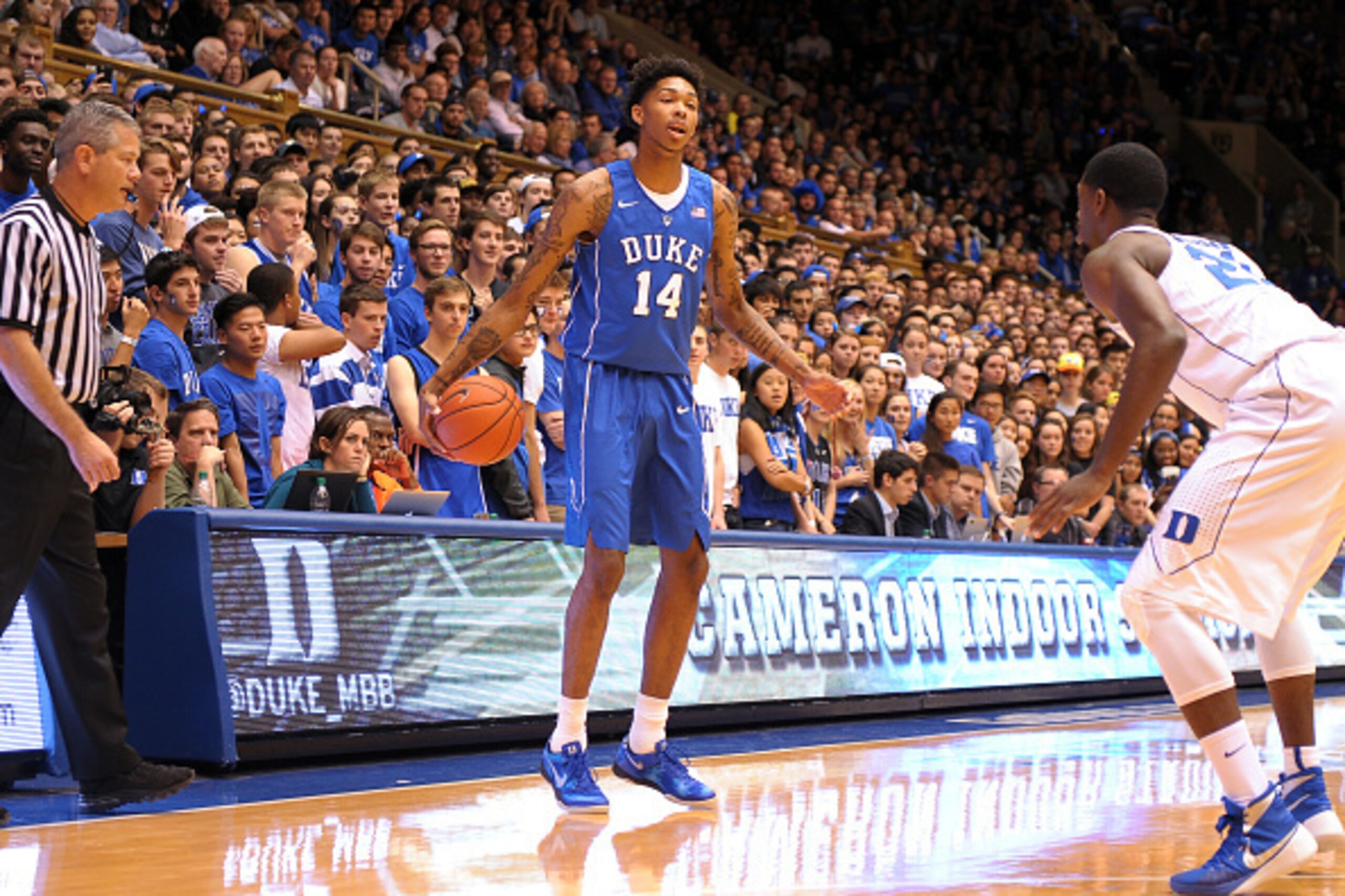 DURHAM, NC - OCTOBER 17: Brandon Ingram #14 of the Duke Blue Devils dribbles during Countdown to Craziness at Cameron Indoor Stadium on October 17, 2015 in Durham, North Carolina. (Photo by Lance King/Getty Images)