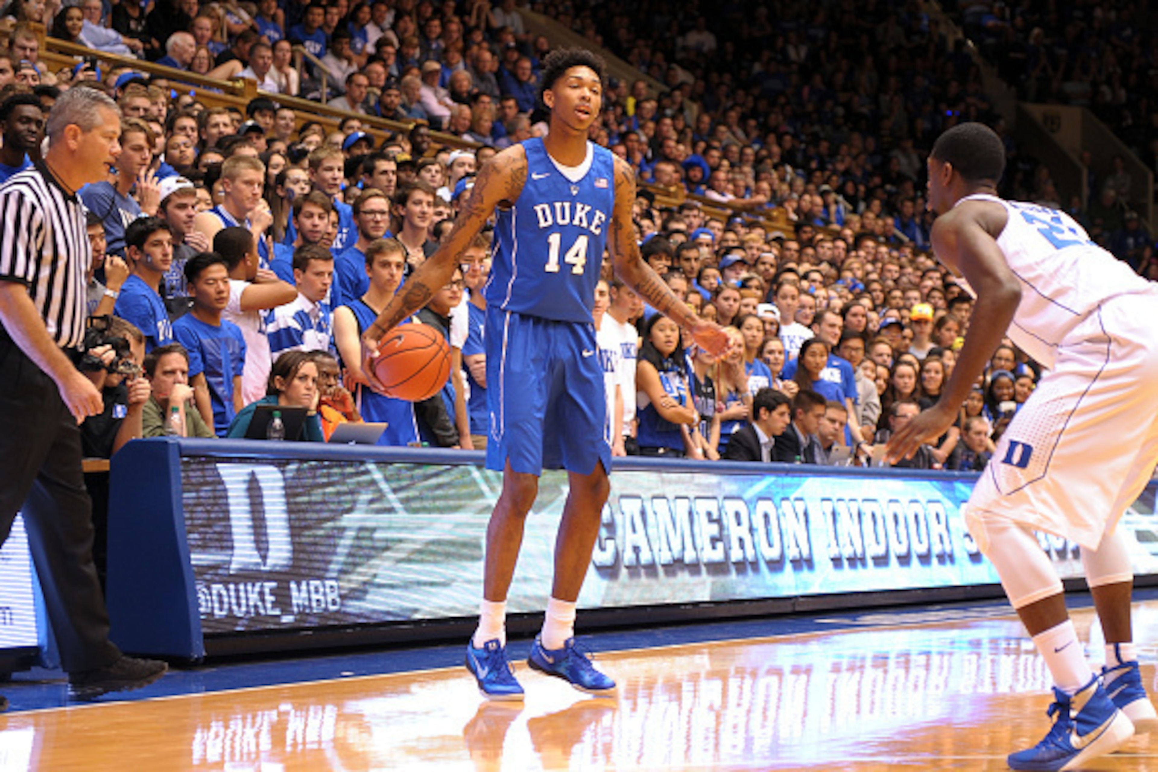 DURHAM, NC - OCTOBER 17: Brandon Ingram #14 of the Duke Blue Devils dribbles during Countdown to Craziness at Cameron Indoor Stadium on October 17, 2015 in Durham, North Carolina. (Photo by Lance King/Getty Images)