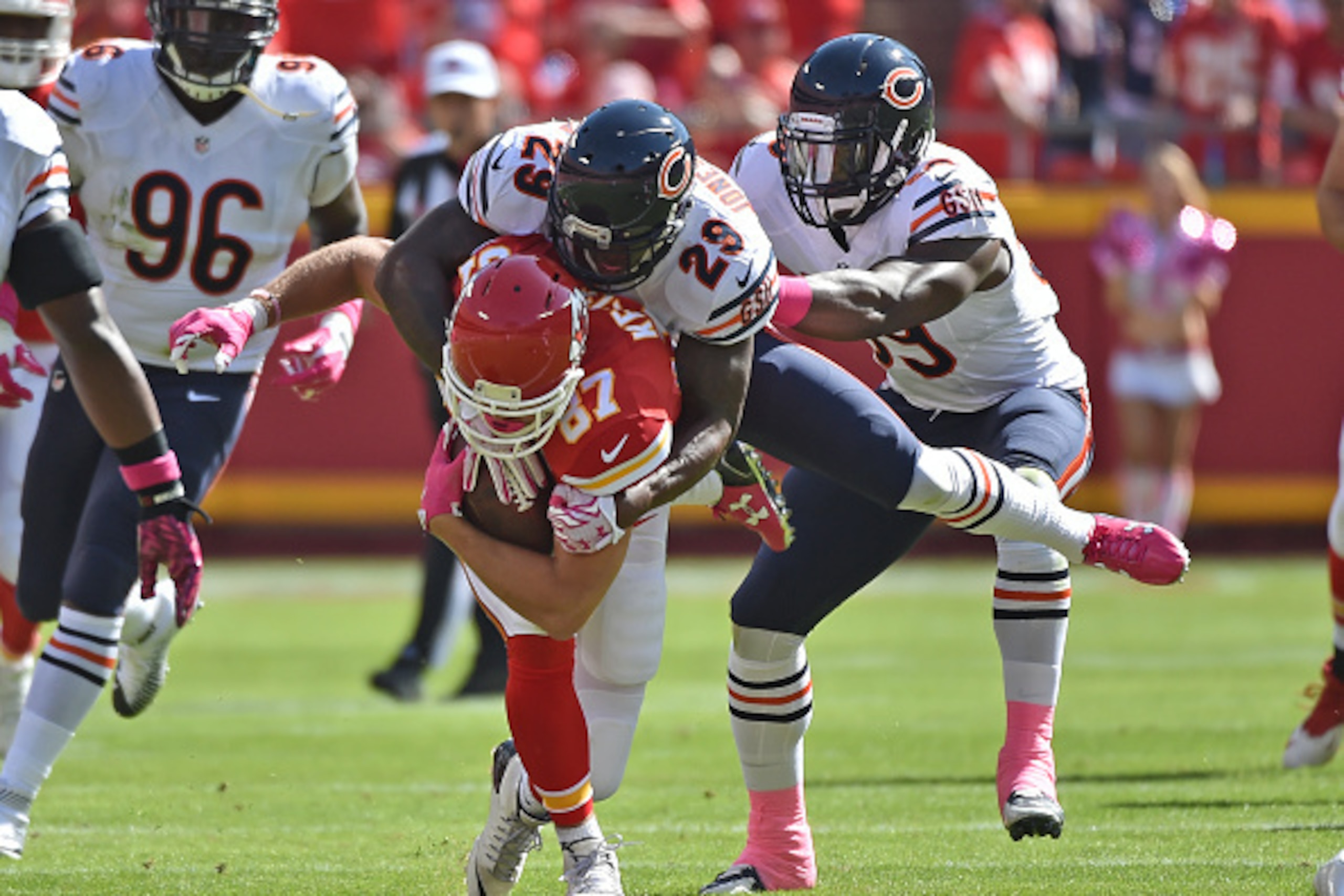 KANSAS CITY, MO - OCTOBER 11: Safety Harold Jones-Quartey #29 of the Chicago Bears tackles tight end Travis Kelce #87 of the Kansas City Chiefs during the first half at Arrowhead Stadium on October 11, 2015 in Kansas City, Missouri. (Photo by Peter G. A KANSAS CITY, MO - OCTOBER 11: Safety Harold Jones-Quartey #29 of the Chicago Bears tackles tight end Travis Kelce #87 of the Kansas City Chiefs during the first half at Arrowhead Stadium on October 11, 2015 in Kansas City, Missouri. (Photo by Peter G. A