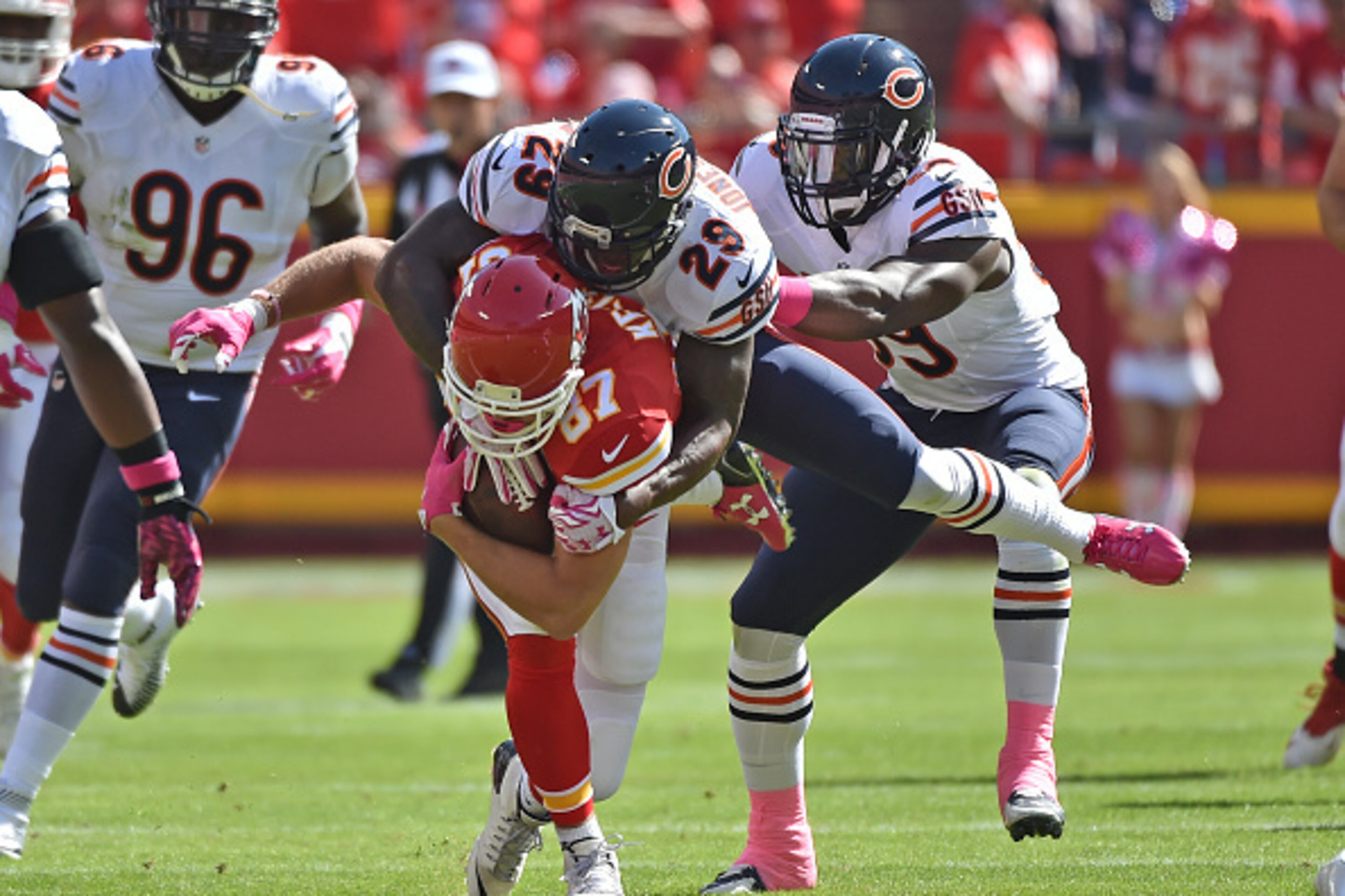 KANSAS CITY, MO - OCTOBER 11: Safety Harold Jones-Quartey #29 of the Chicago Bears tackles tight end Travis Kelce #87 of the Kansas City Chiefs during the first half at Arrowhead Stadium on October 11, 2015 in Kansas City, Missouri. (Photo by Peter G. A KANSAS CITY, MO - OCTOBER 11: Safety Harold Jones-Quartey #29 of the Chicago Bears tackles tight end Travis Kelce #87 of the Kansas City Chiefs during the first half at Arrowhead Stadium on October 11, 2015 in Kansas City, Missouri. (Photo by Peter G. A