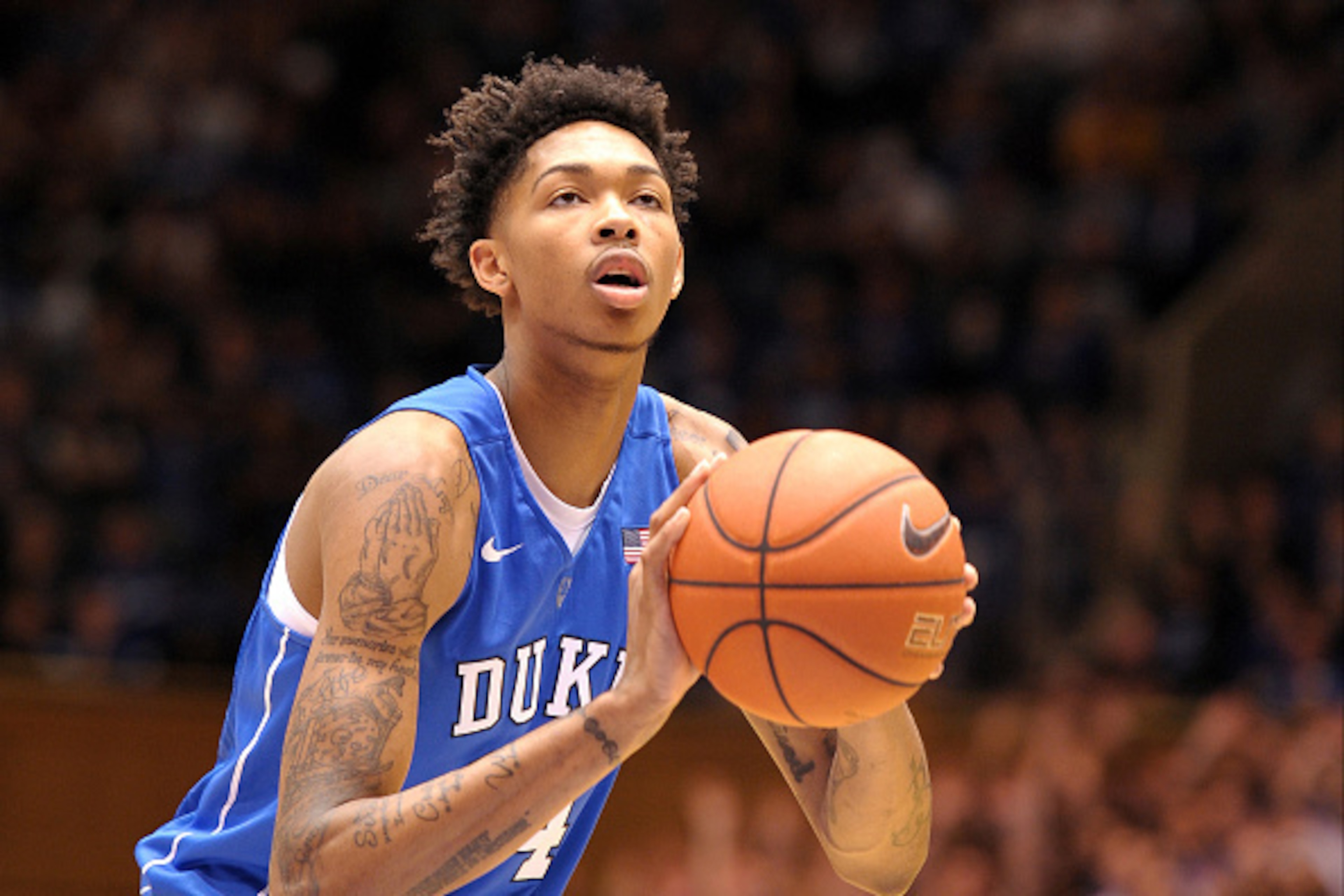 DURHAM, NC - OCTOBER 17: Brandon Ingram #14 of the Duke Blue Devils concentrates at the free throw line during Countdown to Craziness at Cameron Indoor Stadium on October 17, 2015 in Durham, North Carolina. (Photo by Lance King/Getty Images)