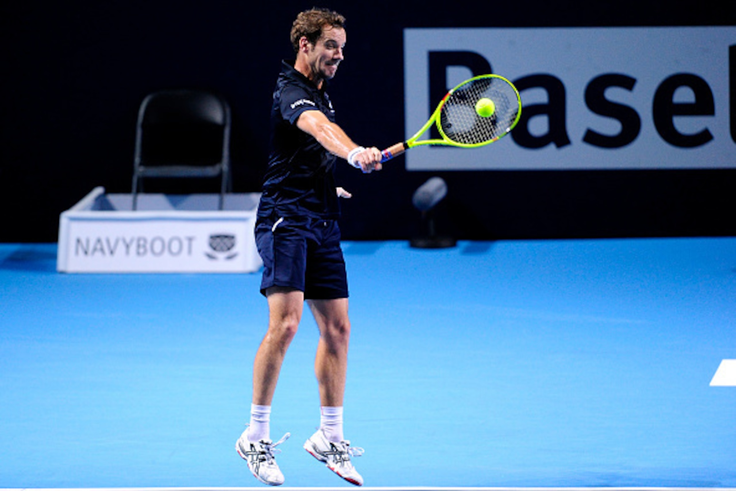 BASEL, SWITZERLAND - OCTOBER 29:  Richard Gasquet of France in action during the second day of the Swiss Indoors ATP 500 tennis tournament against Dominic Thiem of Austria at St Jakobshalle on October 29, 2015 in Basel, Switzerland.  (Photo by Harold Cunn