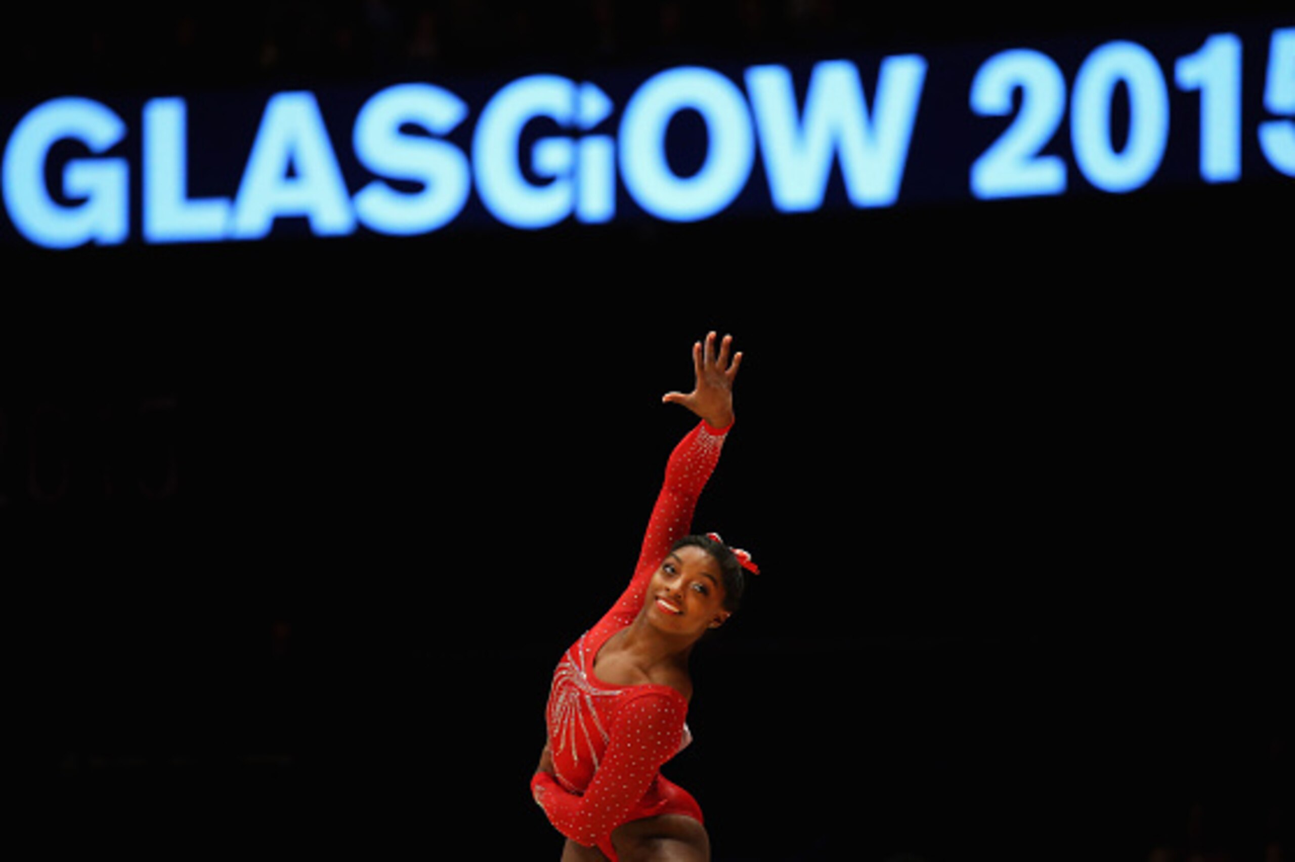 GLASGOW, SCOTLAND - OCTOBER 27:  Simone Biles of USA competes in the Floor during Day 5 of the 2015 World Artistic Gymnastics Championships at The SSE Hydro on October 27, 2015 in Glasgow, Scotland.  (Photo by Alex Livesey/Getty Images)