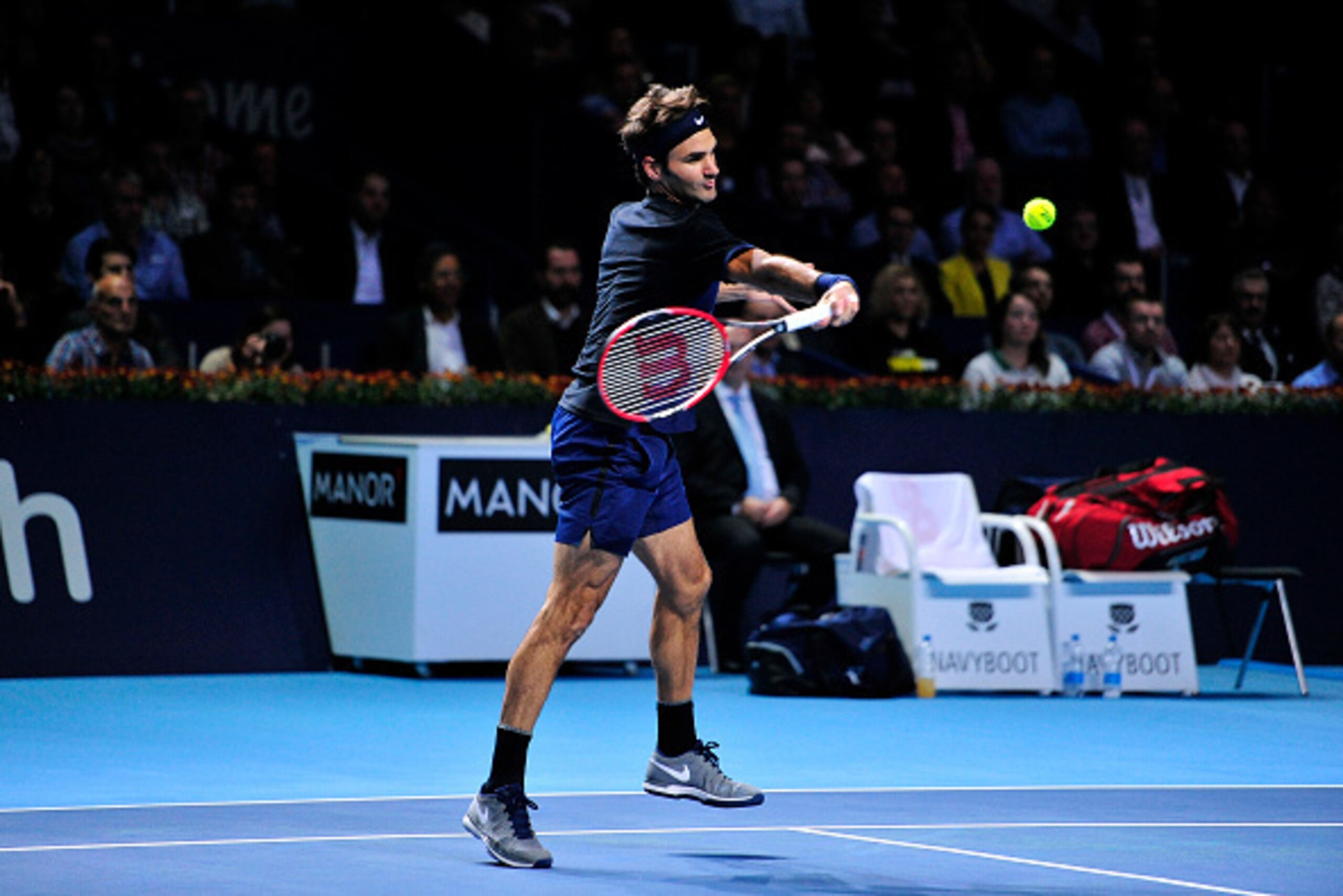 BASEL, SWITZERLAND - OCTOBER 29:  Roger Federer of Switzerland in action during the fourth day of the Swiss Indoors ATP 500 tennis tournament against Philipp Kohlschreiber of Germany at St Jakobshalle on October 29, 2015 in Basel, Switzerland.  (Photo by 