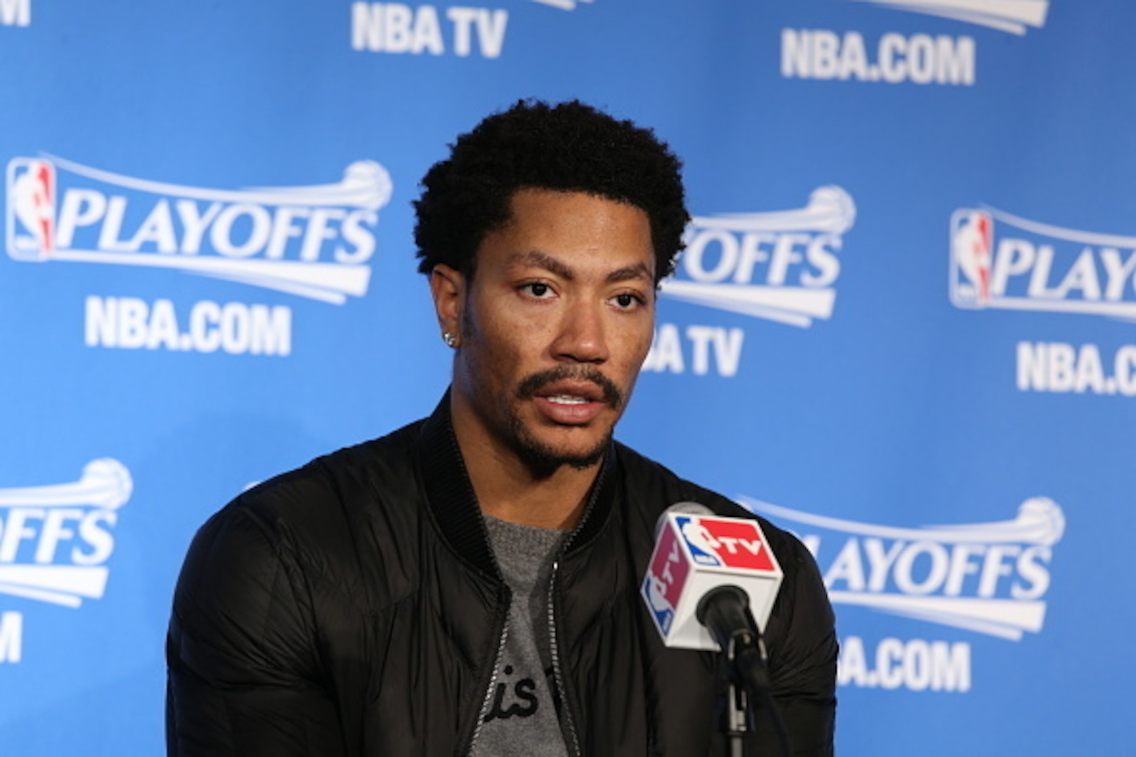 MILWAUKEE, WI - APRIL 23:  Derrick Rose #1 of the Chicago Bulls speaks to the media after Game Three of the Eastern Conference Quarterfinals against the Milwaukee Bucks during the 2015 NBA Playoffs on April 23, 2015 at the BMO Harris Bradley Center in Mil