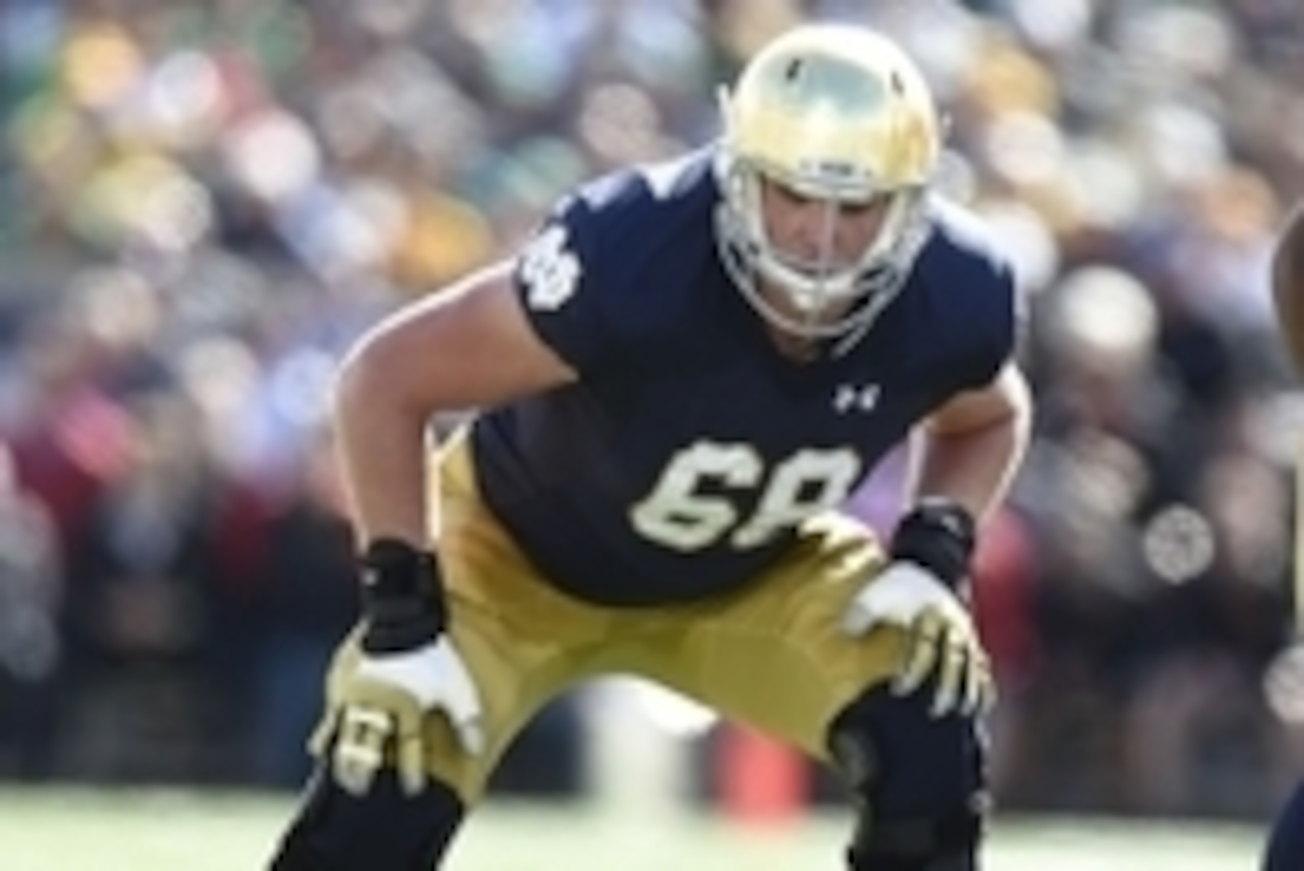 Sep 19, 2015; South Bend, IN, USA; Notre Dame Fighting Irish offensive lineman Mike McGlinchey (68) against the Georgia Tech Yellow Jackets at Notre Dame Stadium. Mandatory Credit: RVR Photos-USA TODAY Sports