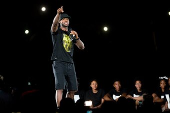 AKRON, OH - AUGUST 08: LeBron James speaks to his fans in the city of Akron after taking the stage during his Welcome Home Ceremony at Infocision Stadium at the University of Akron on August 8, 2014 in Akron, Ohio. (Photo by Ty Wright/Getty Images)