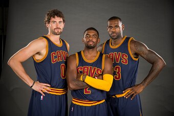 CLEVELAND, OH - SEPTEMBER 28: Kevin Love #0 Kyrie Irving #2 and LeBron James #23 of the Cleveland Cavaliers during the Cleveland Cavaliers media day at Cleveland Clinic Courts on September 28, 2015 in Independence, Ohio. (Photo by Jason Miller/Getty Image