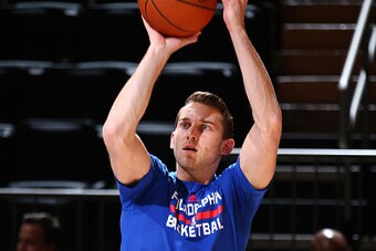 NEW YORK, NY - OCTOBER 12:  Nik Stauskas #11 of the Philadelphia 76ers warms up before the game against the New York Knicks on October 12, 2015 at Madison Square Garden in New York City.  NOTE TO USER: User expressly acknowledges and agrees that, by downl