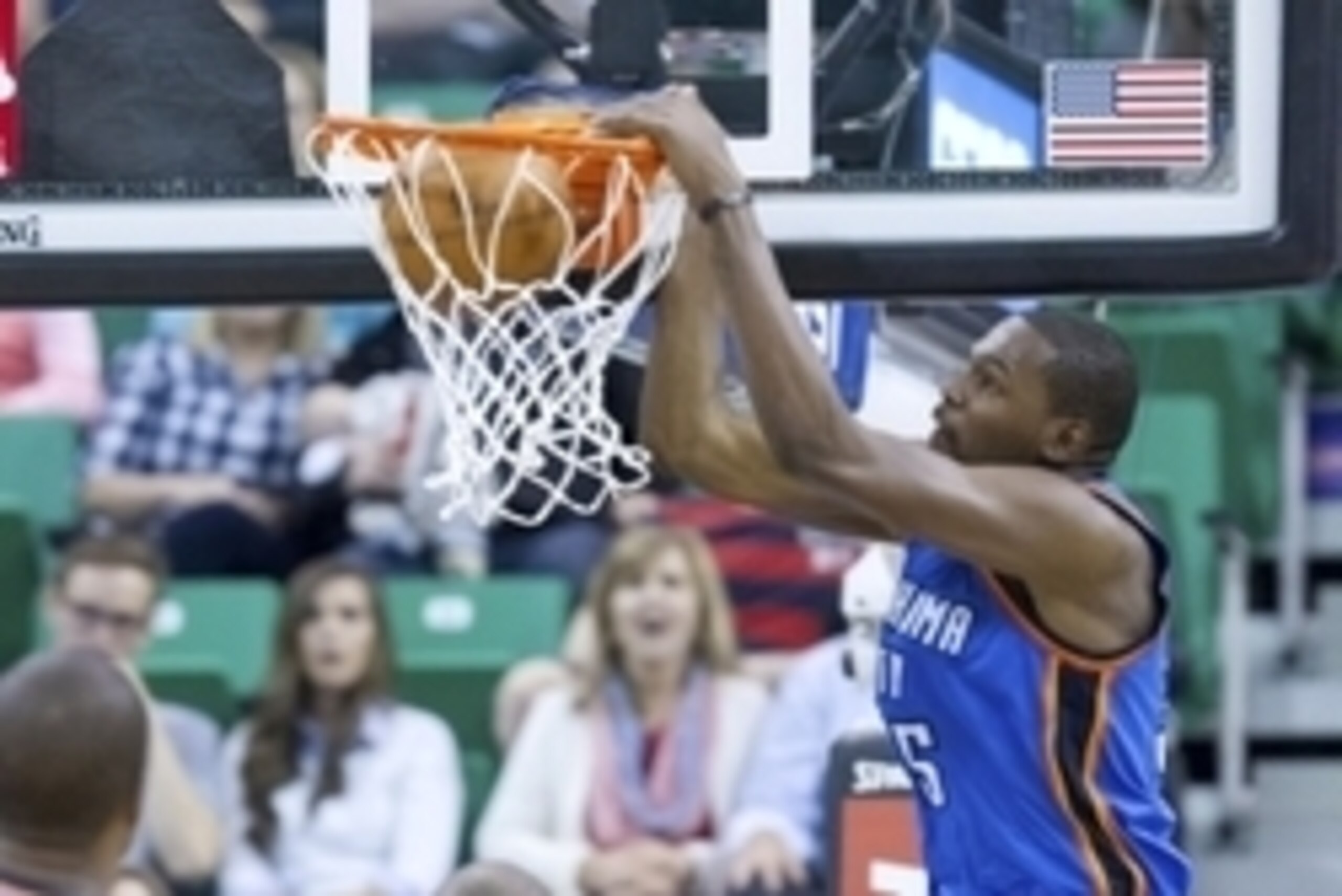 Oct 20, 2015; Salt Lake City, UT, USA; Oklahoma City Thunder forward Kevin Durant (35) dunks the ball during the second half against the Utah Jazz at EnergySolutions Arena. Oklahoma City won 113-102. Mandatory Credit: Russ Isabella-USA TODAY Sports