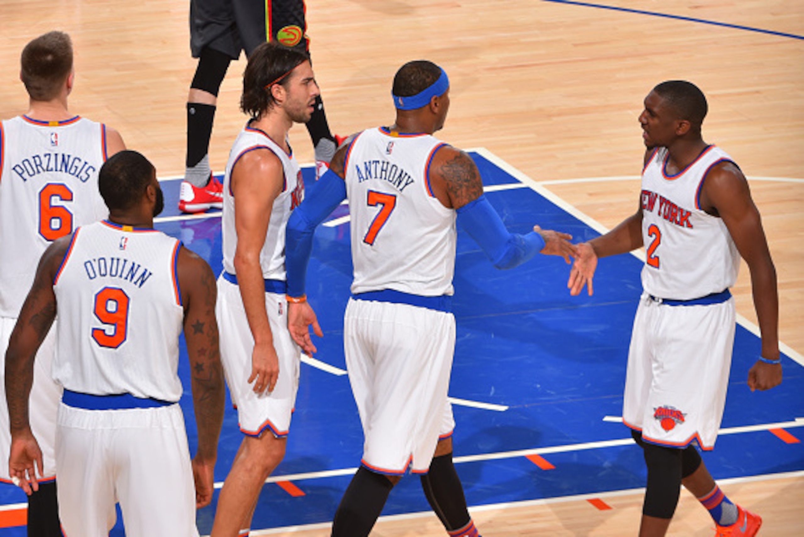 NEW YORK,NY - OCTOBER 29: Langston Galloway #2 of the New York Knicks shakes hands with Carmelo Anthony #7 against the Atlanta Hawks at Madison Square Garden on October 29, 2015 in New York,New York NOTE TO USER: User expressly acknowledges and agrees tha NEW YORK,NY - OCTOBER 29: Langston Galloway #2 of the New York Knicks shakes hands with Carmelo Anthony #7 against the Atlanta Hawks at Madison Square Garden on October 29, 2015 in New York,New York NOTE TO USER: User expressly acknowledges and agrees tha