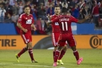 Oct 25, 2015; Dallas, TX, USA; FC Dallas forward Mauro Diaz (10) celebrates scoring a goal with midfielder Fabian Castillo (11) in the first half against the San Jose Earthquakes at Toyota Stadium. Mandatory Credit: Tim Heitman-USA TODAY Sports