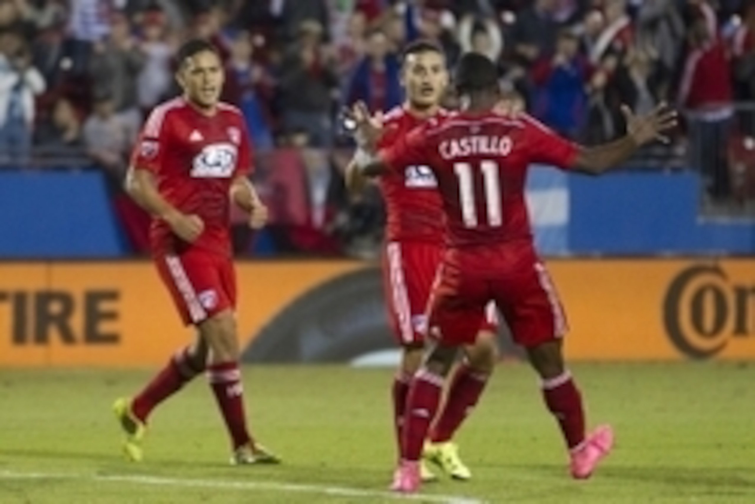 Oct 25, 2015; Dallas, TX, USA; FC Dallas forward Mauro Diaz (10) celebrates scoring a goal with midfielder Fabian Castillo (11) in the first half against the San Jose Earthquakes at Toyota Stadium. Mandatory Credit: Tim Heitman-USA TODAY Sports