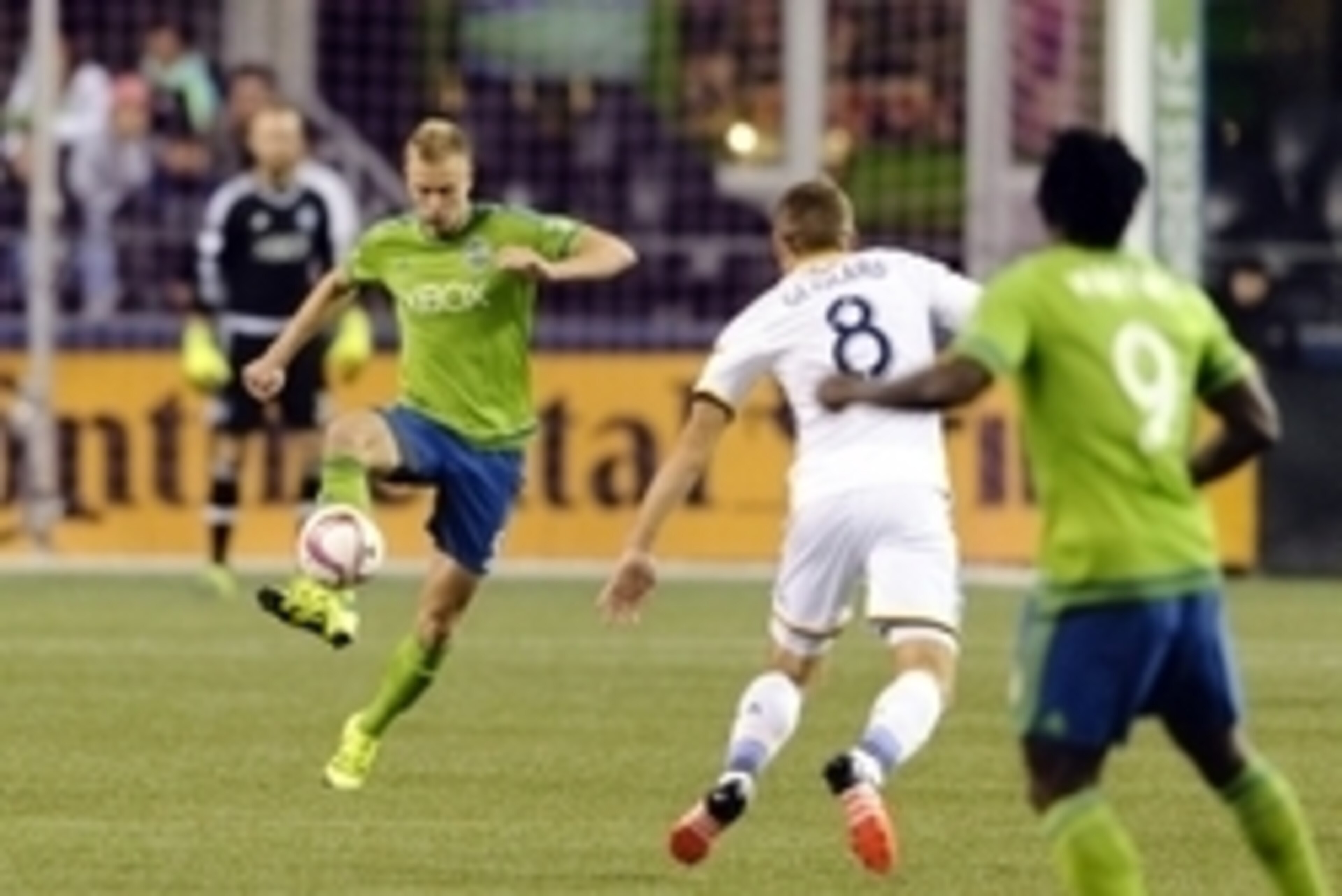 Oct 28, 2015; Seattle, WA, USA; Seattle Sounders FC midfielder Andy Rose (5) passes the ball against the Los Angeles Galaxy during the first half at CenturyLink Field. Seattle defeated Los Angeles 3-2. Mandatory Credit: Steven Bisig-USA TODAY Sports
