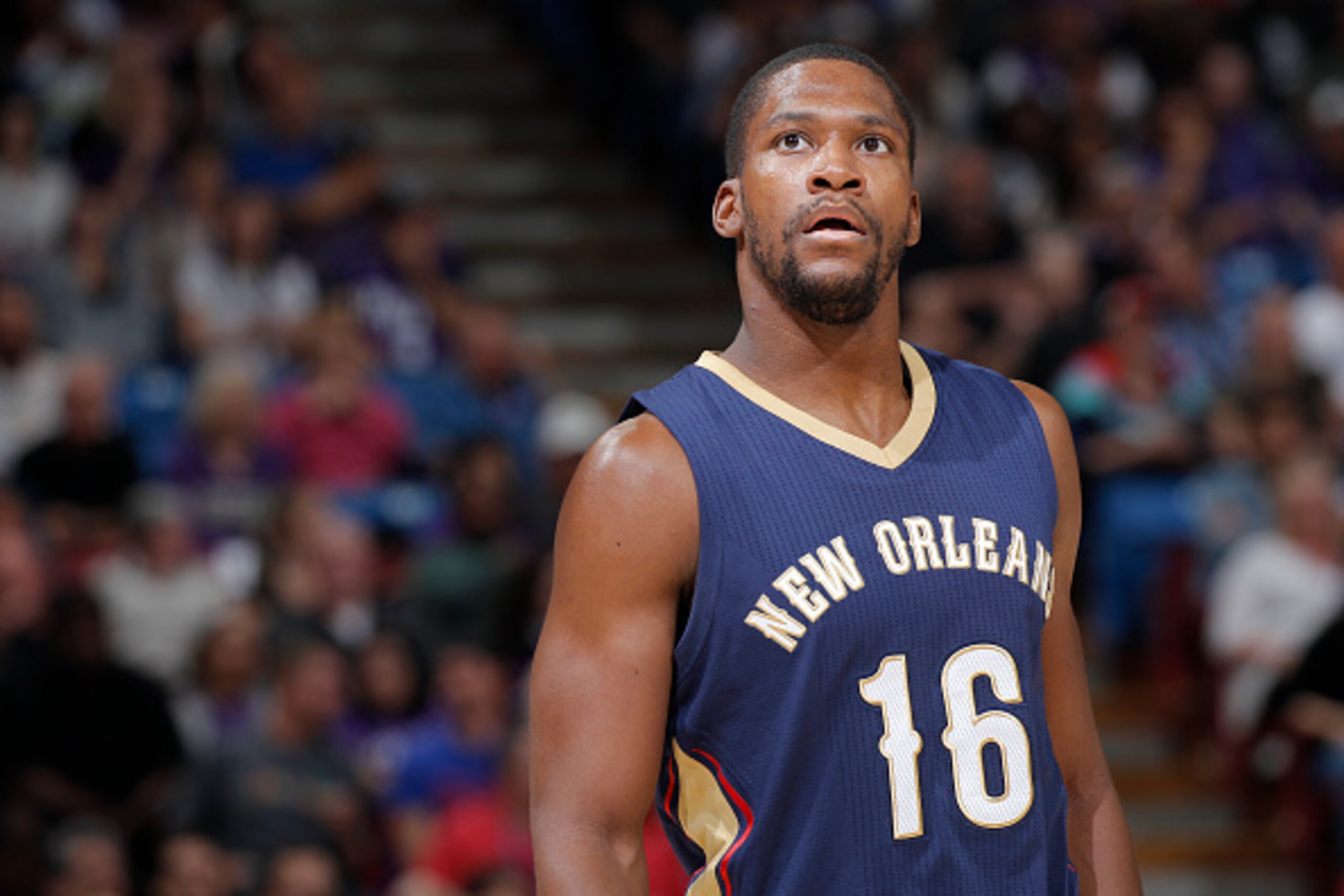 SACRAMENTO, CA - APRIL 3: Toney Douglas #16 of the New Orleans Pelicans looks on during the game against the Sacramento Kings on April 3, 2015 at Sleep Train Arena in Sacramento, California. NOTE TO USER: User expressly acknowledges and agrees that, by do