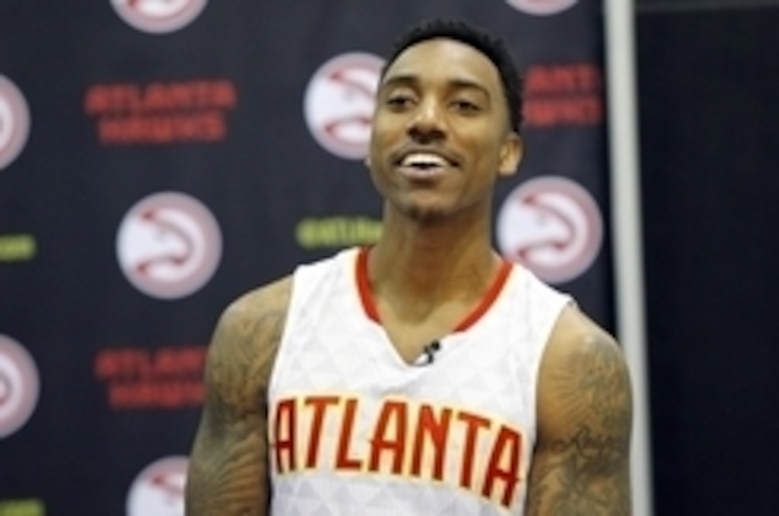 Sep 28, 2015; Atlanta, GA, USA; Atlanta Hawks guard Jeff Teague (0) talks to the media during media day at Philips Arena. Mandatory Credit: Brett Davis-USA TODAY Sports