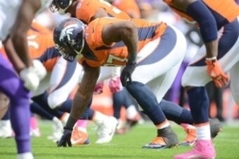 Oct 4, 2015; Denver, CO, USA; Denver Broncos defensive end Malik Jackson (97) lines up in the first half against the Minnesota Vikings at Sports Authority Field at Mile High. Mandatory Credit: Ron Chenoy-USA TODAY Sports