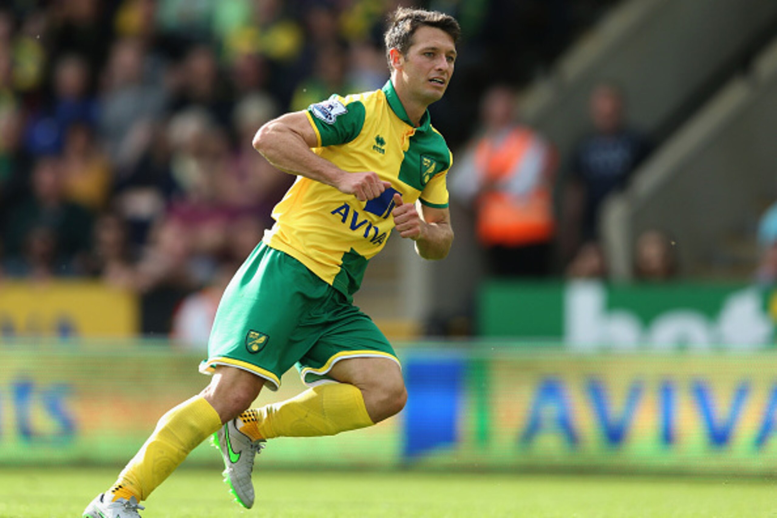 NORWICH, ENGLAND - SEPTEMBER 12: Wes Hoolahan of Norwich City looks on as he scores his team's second goal during the Barclays Premier League match between Norwich City and A.F.C. Bournemouth at Carrow Road on September 12, 2015 in Norwich, United Kingdo NORWICH, ENGLAND - SEPTEMBER 12: Wes Hoolahan of Norwich City looks on as he scores his team's second goal during the Barclays Premier League match between Norwich City and A.F.C. Bournemouth at Carrow Road on September 12, 2015 in Norwich, United Kingdo
